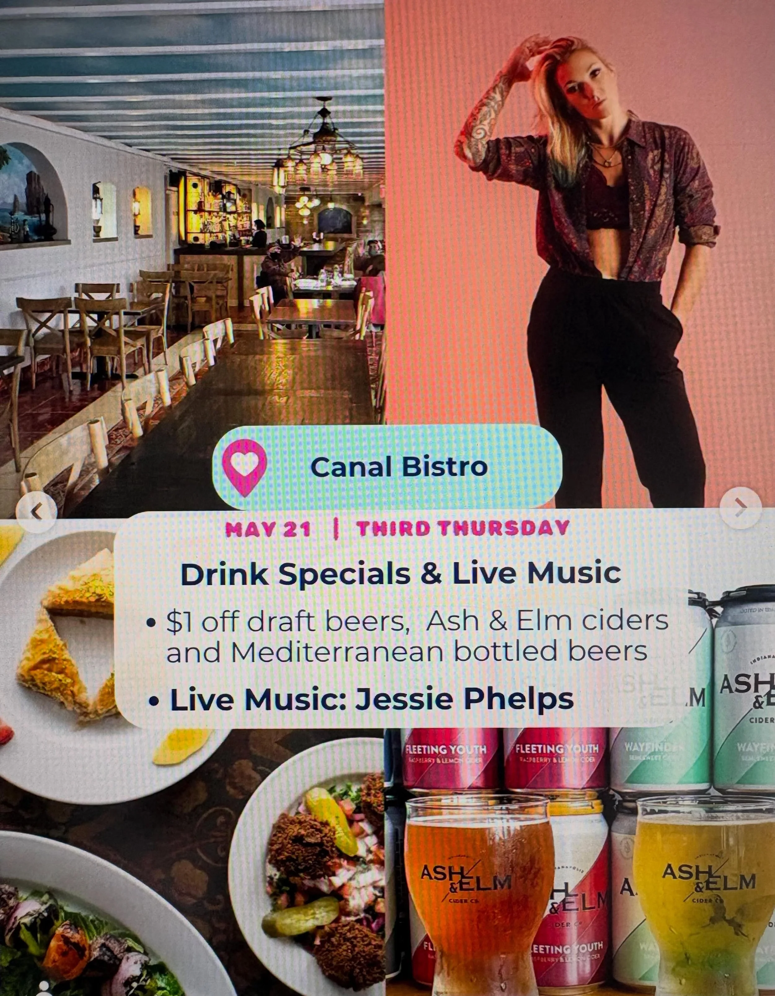 Third Thursday is calling. 🍻🎶

Join us at Canal Bistro on May 21 for a night of live music, good drinks, and even better company along the canal.

✨ $1 off draft beers
✨ $1 off Ash &amp; Elm ciders
✨ $1 off Mediterranean bottled beers
🎤 Live Music