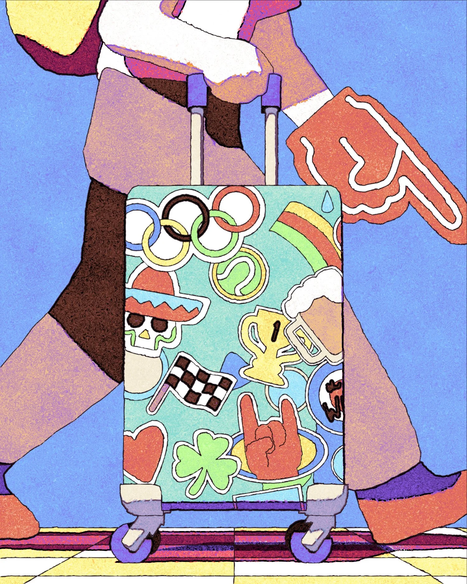 An abstract illustration of a person riding a shopping cart decorated with colorful stickers including a skull, shamrock, rainbow, and hearts, with hands gripping the handlebar and a background of pastel colors.