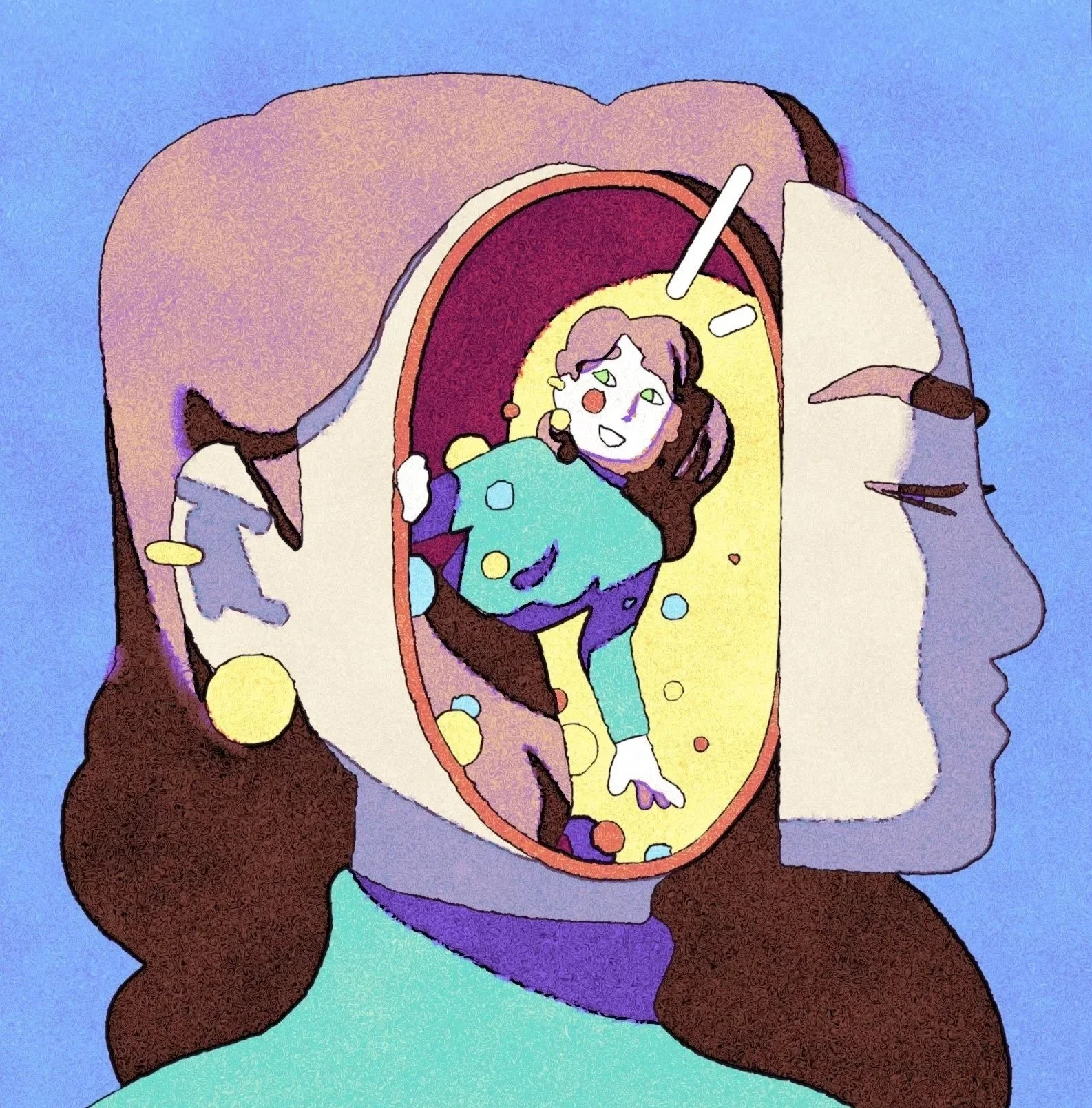 A colourful Illustration of a sad woman's face opening up, to reveal a smaller happier woman inside.