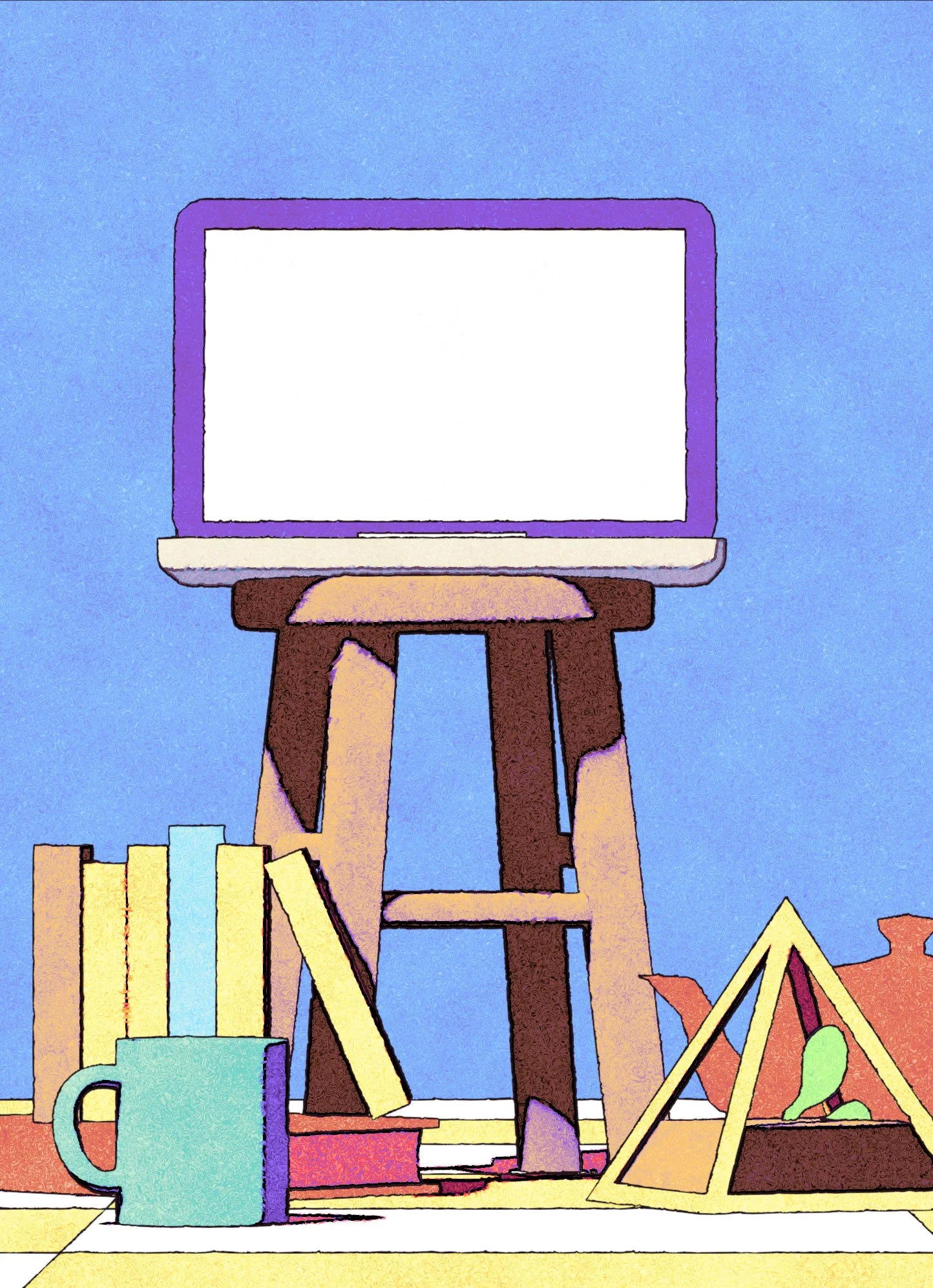 A colourful Illustration of a computer on a stool, surrounded by books, a mug, and other decorative items symbolising education.