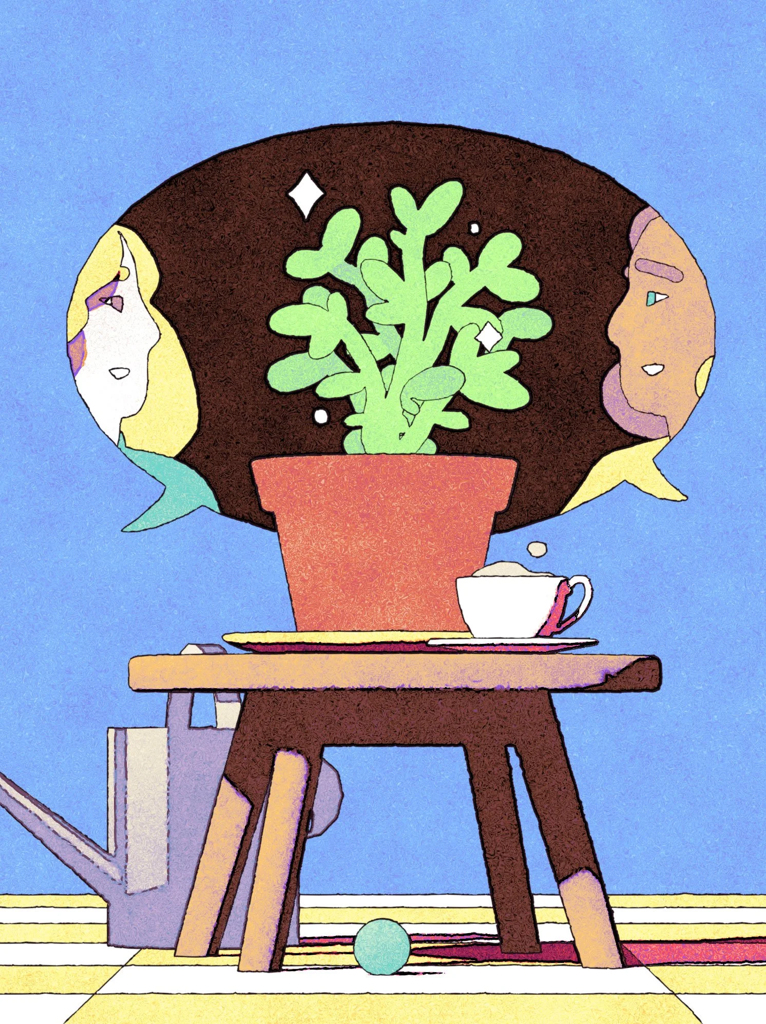 A colourful Illustration of two stylised women sitting at a wooden table with a potted plant growing between them as they feel more connected. In front there is a teacup and other decorative items.