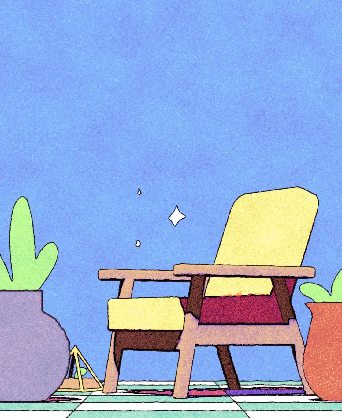 A Colourful Illustration of an empty therapy chair with a wooden frame and yellow upholstery. Large potted plants surround the chair.