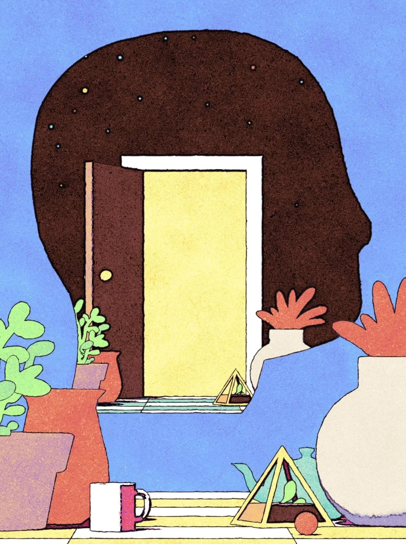 A colourful Illustration of an open doorway through a vignette of someone's head surrounded by potted plants, a mugs and decorative items, welcoming the viewer to go deeper inside.