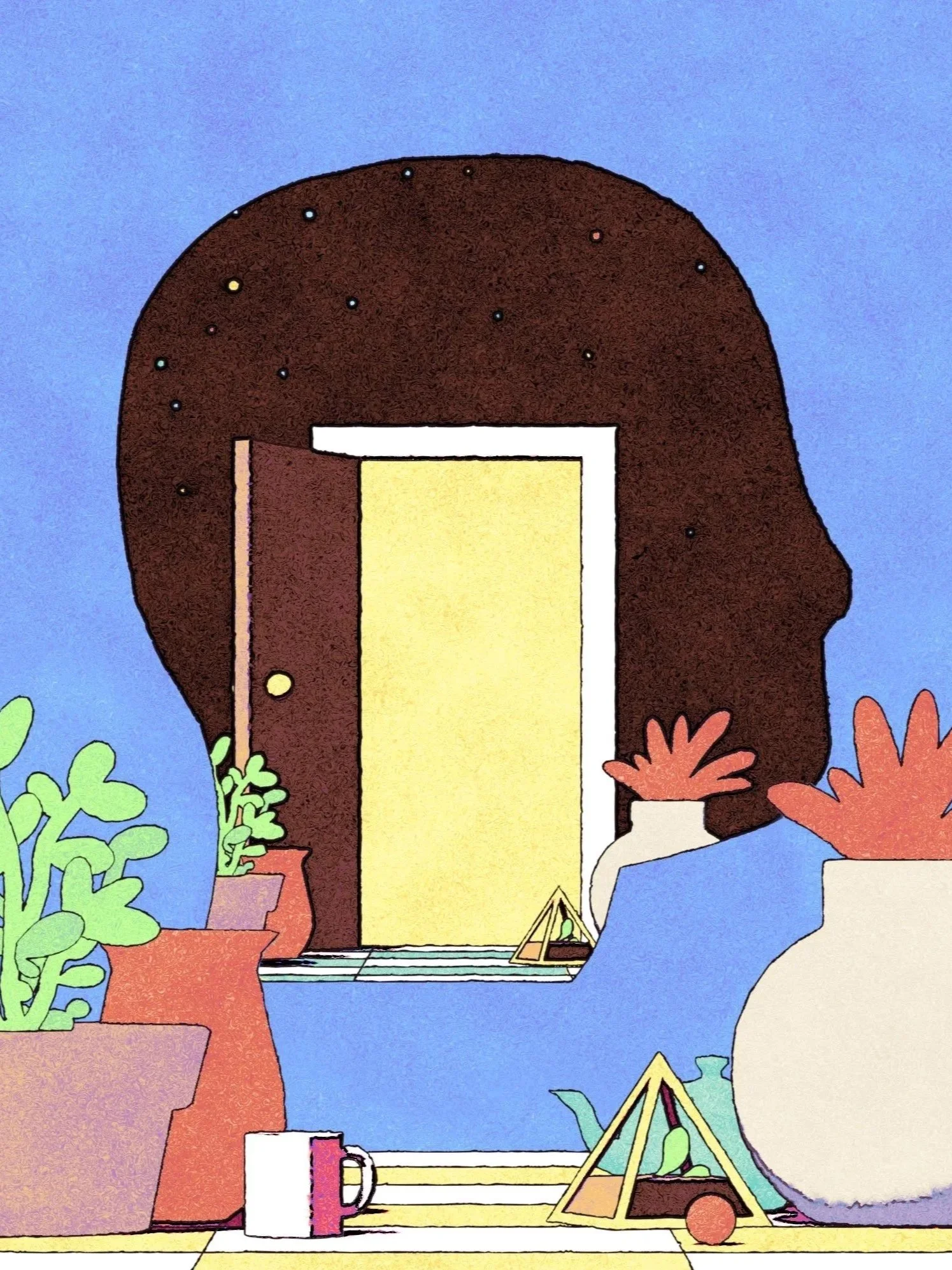 A colourful Illustration of an open doorway through a vignette of someone's head surrounded by potted plants, a mugs and decorative items, welcoming the viewer to go deeper inside.