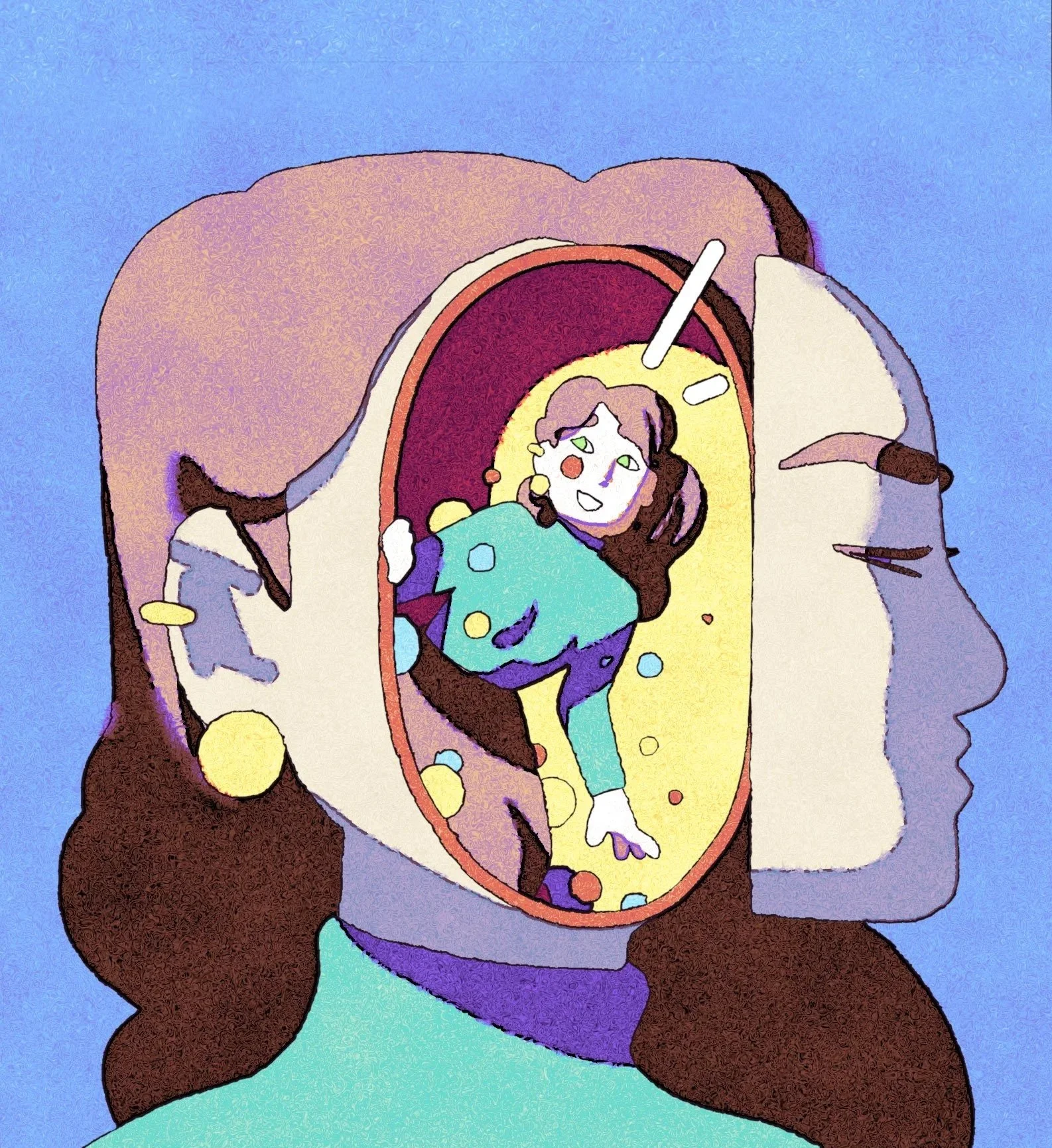 A colourful Illustration of a sad woman's face opening up, to reveal a smaller happier woman inside.