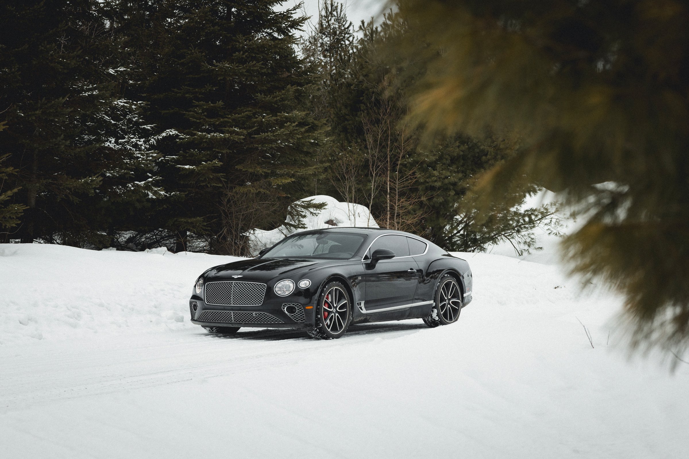Voiture noire de luxe sur la neige, entourée d'arbres enneigés.