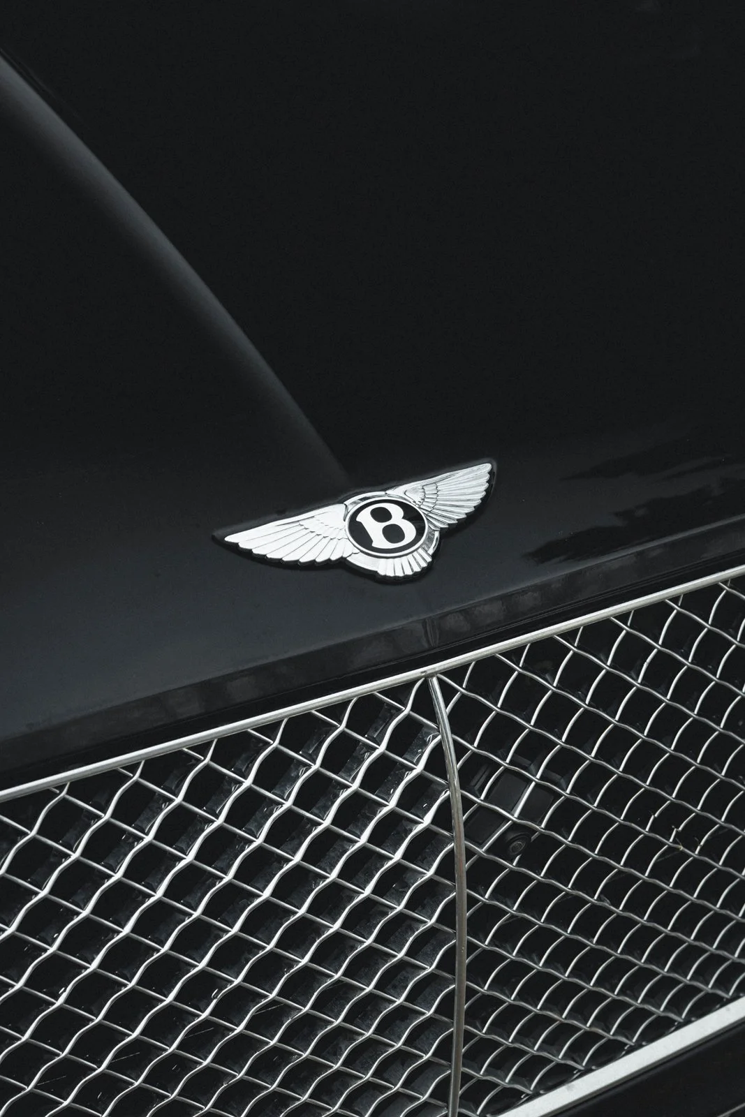 Détail du capot d'une voiture de luxe noire avec une aile emblématique de Bentley.