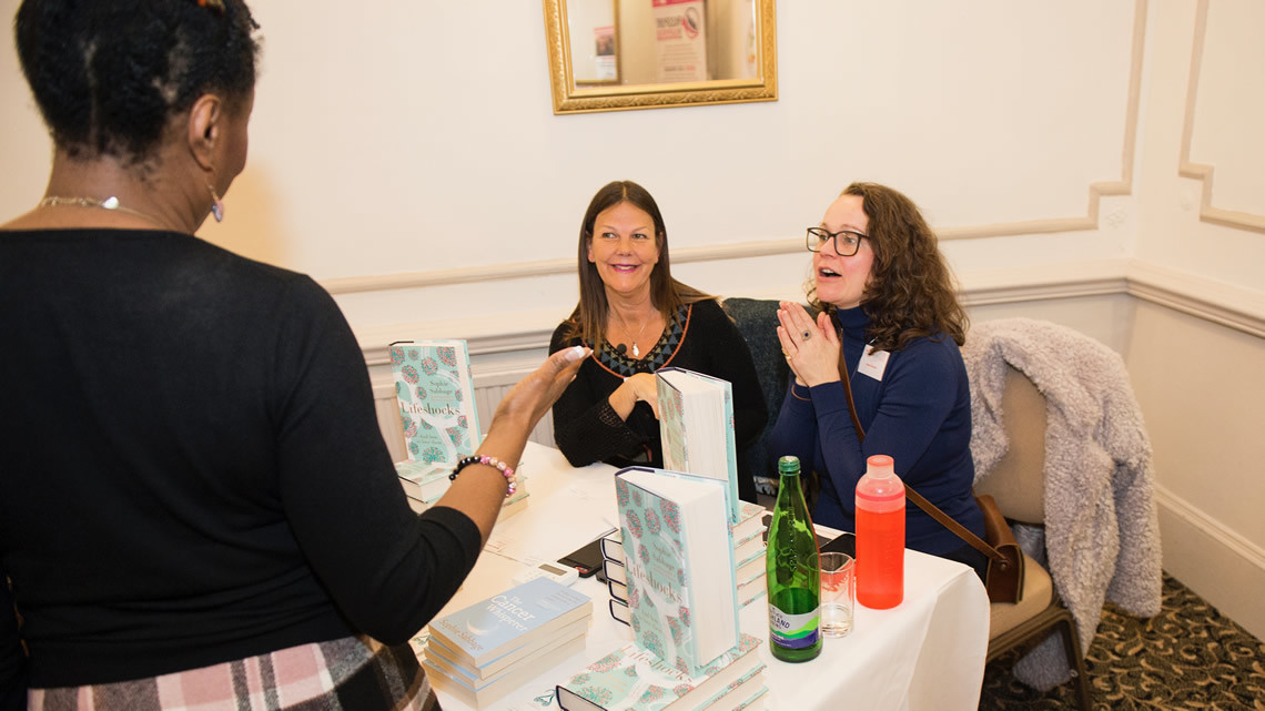 Above: Selling books with Anna Sexton (R) at Female Business Owners, Warrington Nov 2018.