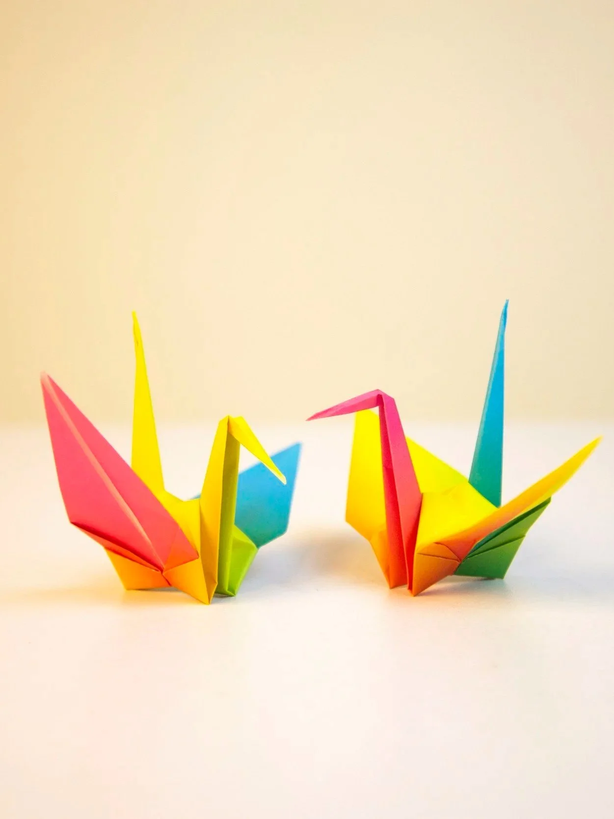 Two colorful origami cranes made from pink, yellow, blue, and green paper on a white background.