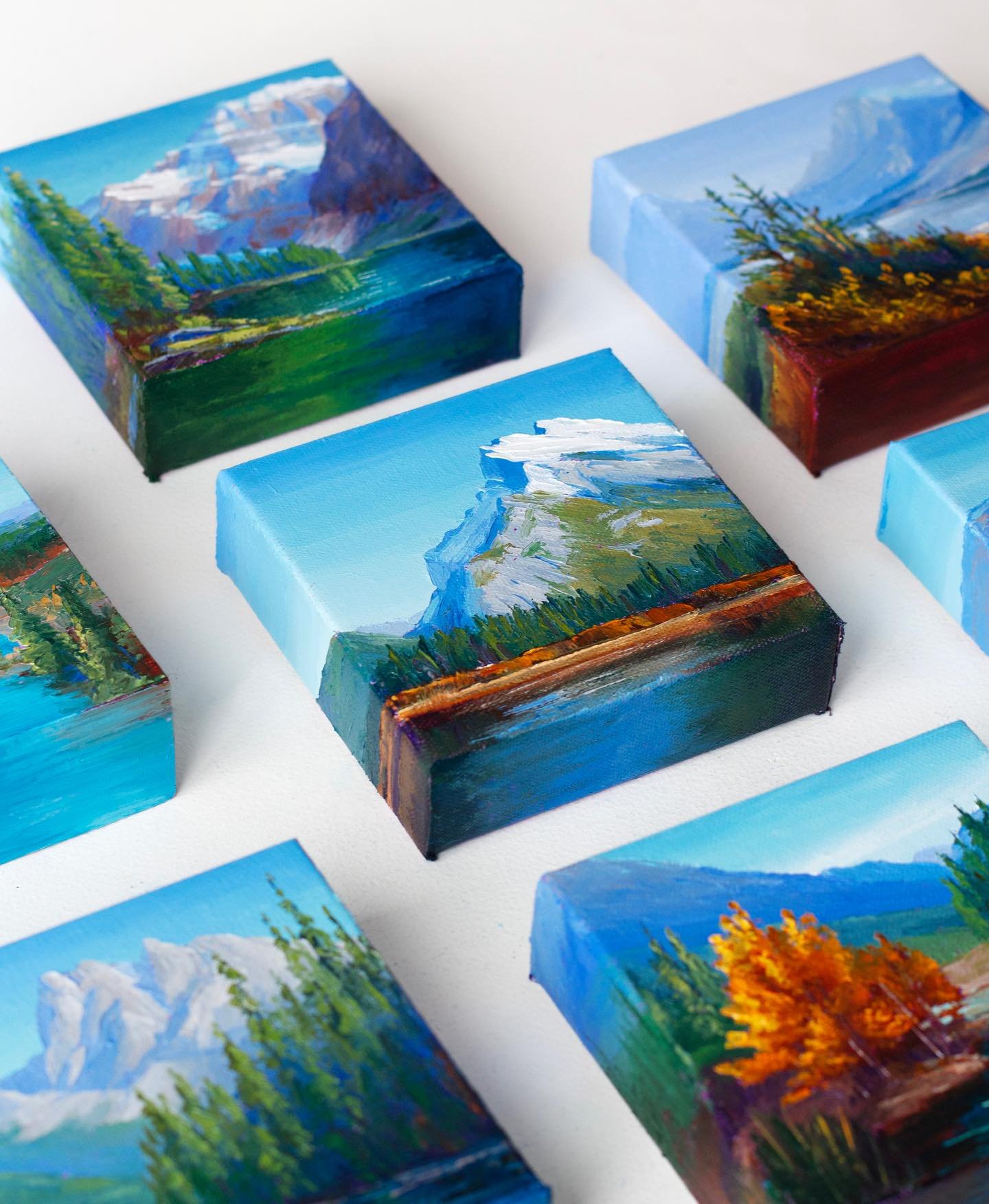 I&rsquo;m waiting for these cuties to dry so I can add them to my grid. Since the weather has been getting colder, my paintings are taking a lot longer to dry.

These are all 5x5&rdquo; on gallery depth canvas. I think the square footage of the edges