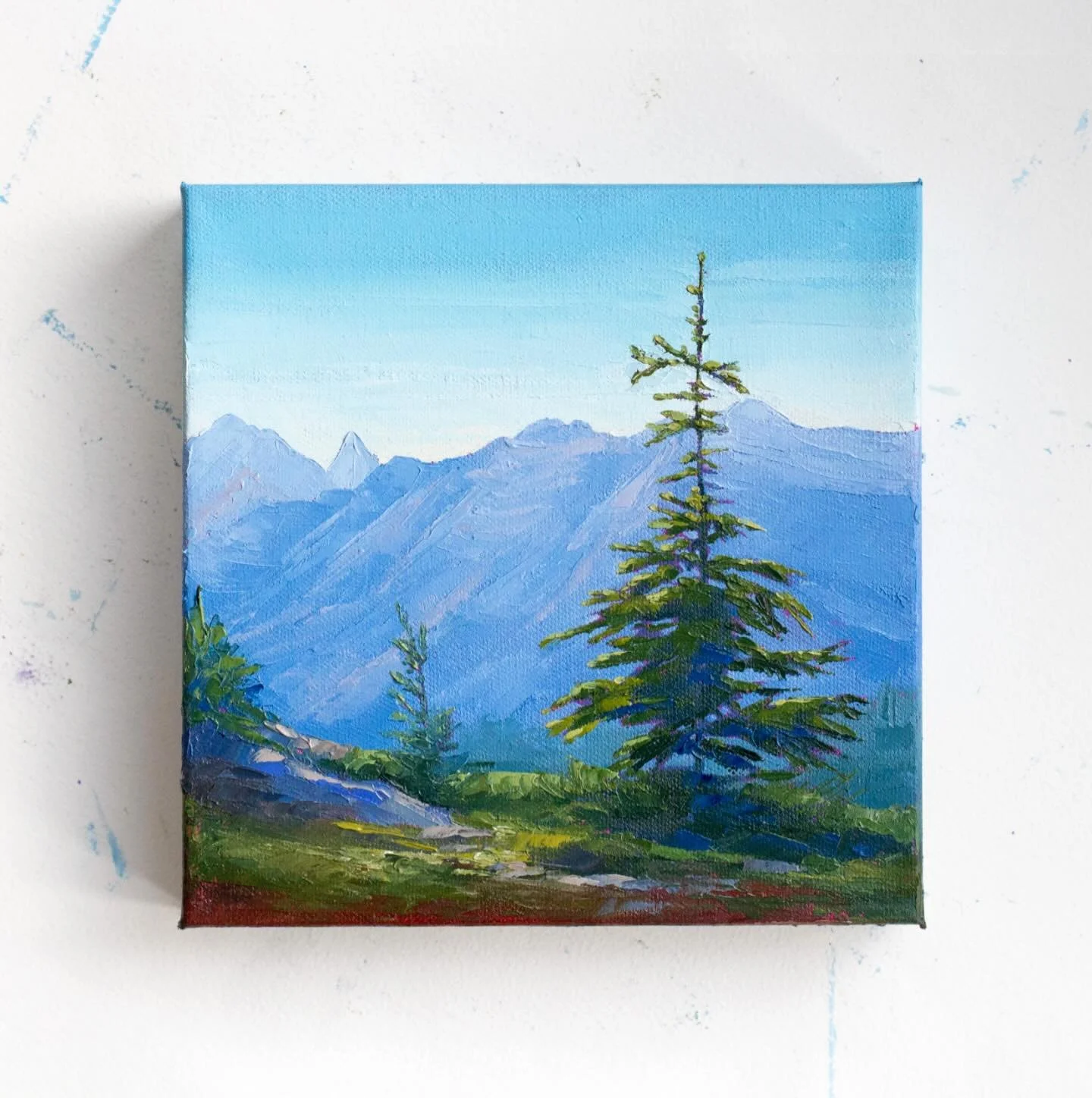 A glimpse of Assiniboine from Sunshine Meadows. 

&ldquo;Taking in the View&rdquo;
8x8 oil on canvas. Available soon!

#annedejongart #sunshinemeadows #banffhiking