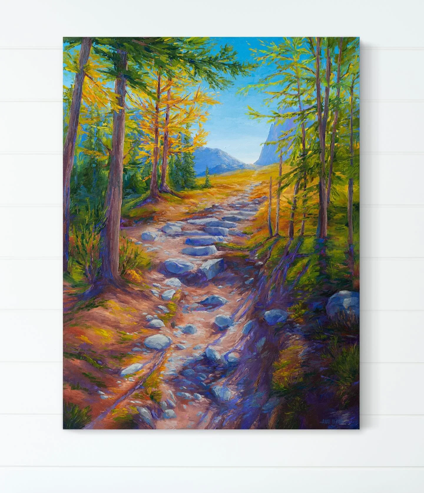 After working on several winter paintings, I was craving warmth and bright colours, and this is what came out on my canvas.

Inspired by a warm fall day up at Lake O&rsquo;Hara, hiking through shadows and coming out into the sunshine.

Into the Light