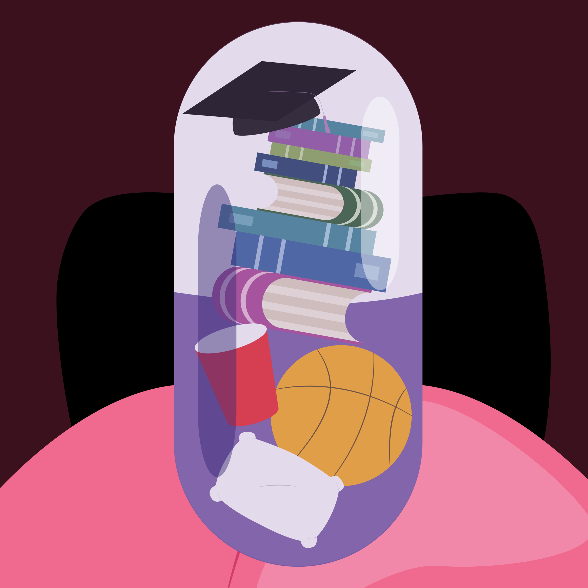  The story highlighted students’ being unable to attend to their regular activities due to addiction. I wanted to show these activities within the pill to signify that students can’t access what they normally do because it comes at the expense of tak