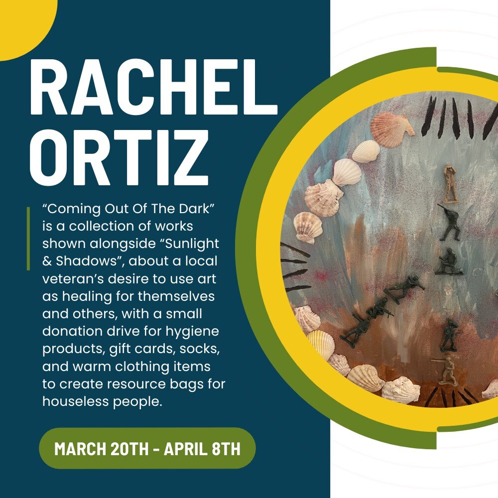 Showcasing alongside &quot;Sunlight &amp; Shadows&quot; is the collection named &quot;Coming Out Of The Dark&quot; by Rachel Ortiz. 

Rachel Ortiz is an independent artist, spiritual coach, and creator of Artwork for the Soul based in Rochester, New 