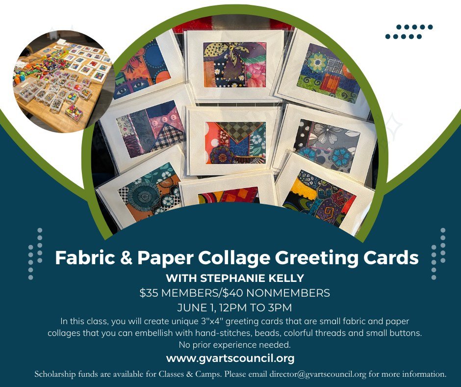 Fabric &amp; Paper Collage Greeting Cards With Stephanie Kelly

$35 members/$40 nonmembers

June 1, 12pm to 3pm

In this class, you will create unique 3&quot;x4&quot; greeting cards that are small fabric and paper collages that you can embellish with