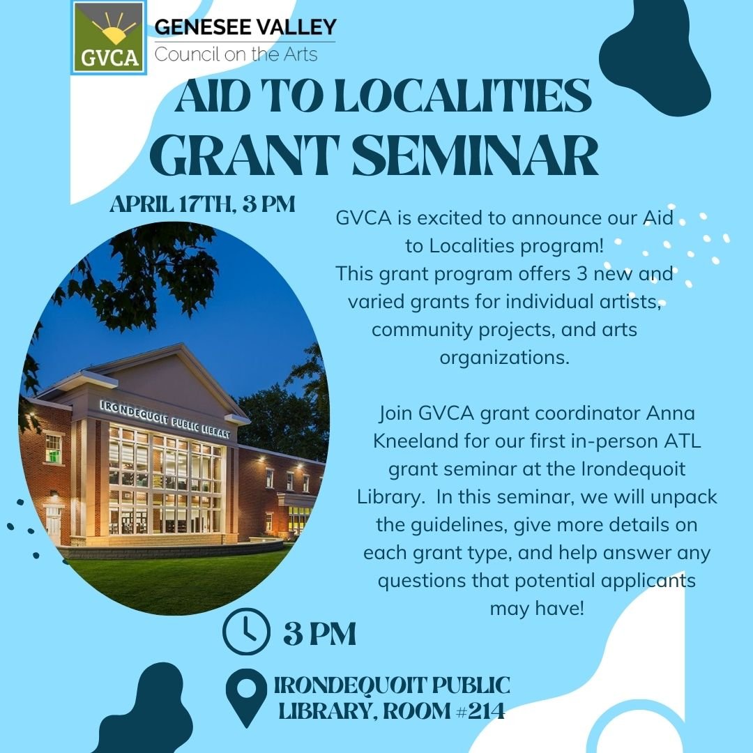 Our first in-person seminar for our Aid to Localities grant is approaching quickly! 
Grant coordinator Anna Kneeland will be hosting an informational seminar in room #214 at the Irondequoit Public Library. 
The Aid to Localities grant offers 3 new op