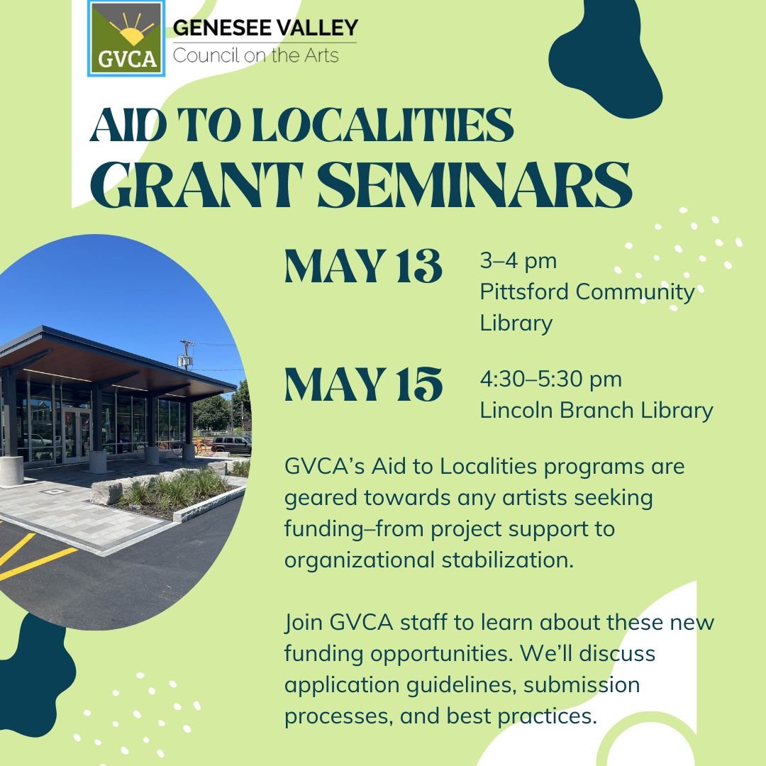 Meet with members of the GVCA grants team to learn about available funding at one of next week's seminars! On May 13, Anna Kneeland (our Monroe County grants coordinator) will host a seminar at the @pittsfordcommunitylibrary from 3 to 4 pm. On May 15
