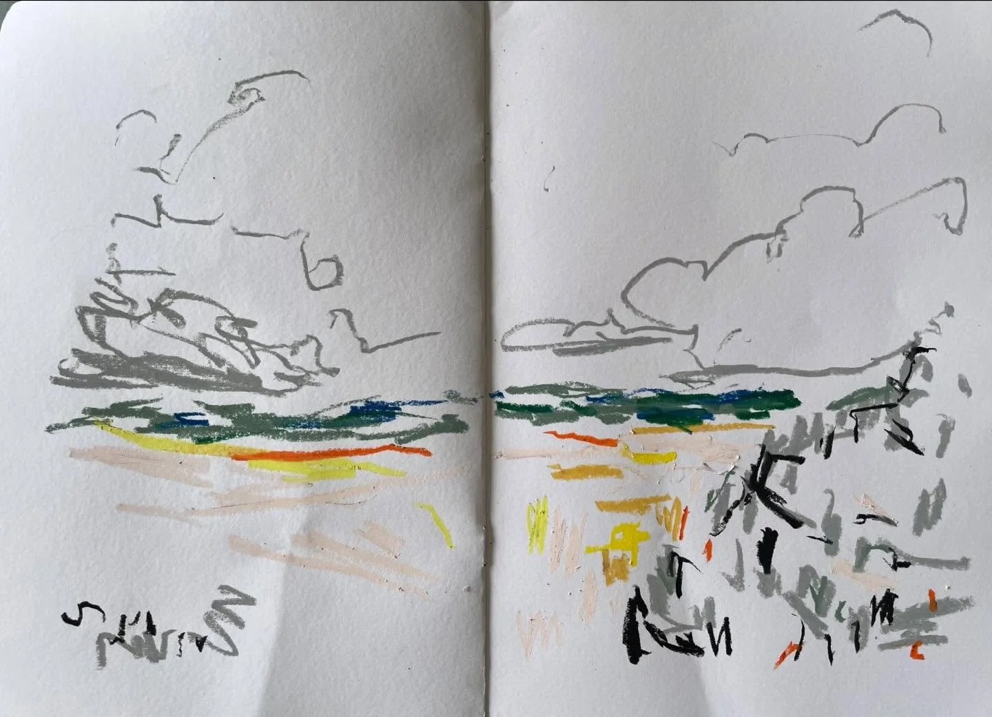 A page from my current sketchbook. 

&ldquo;Walking the coast with my family, scribbling and capturing fleeting moments. Switching off my phone. Breathing unconditioned air (W.Berry). Quick, intuitive sketches. These pages will lead me back into the 