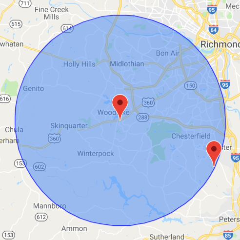 Map showing Sound Beginnings Speech Therapy service area in Midlothian, Chesterfield, Moseley, VA and nearby communities
