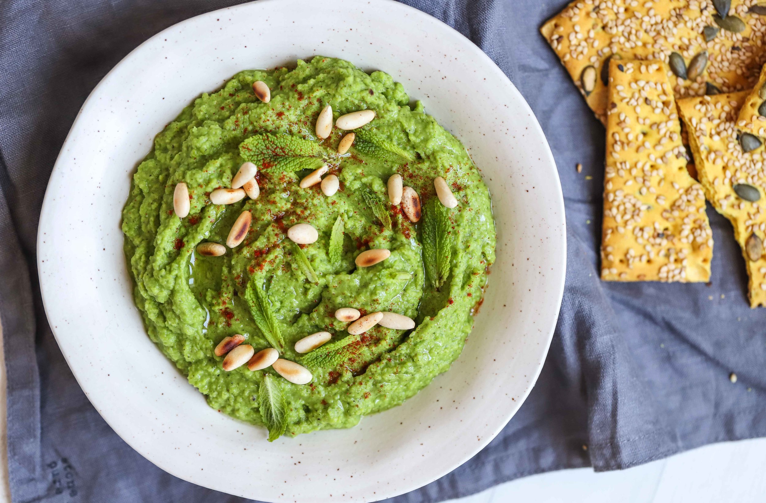 Mint Avocado Pea Dip with Toasted Pine Nuts