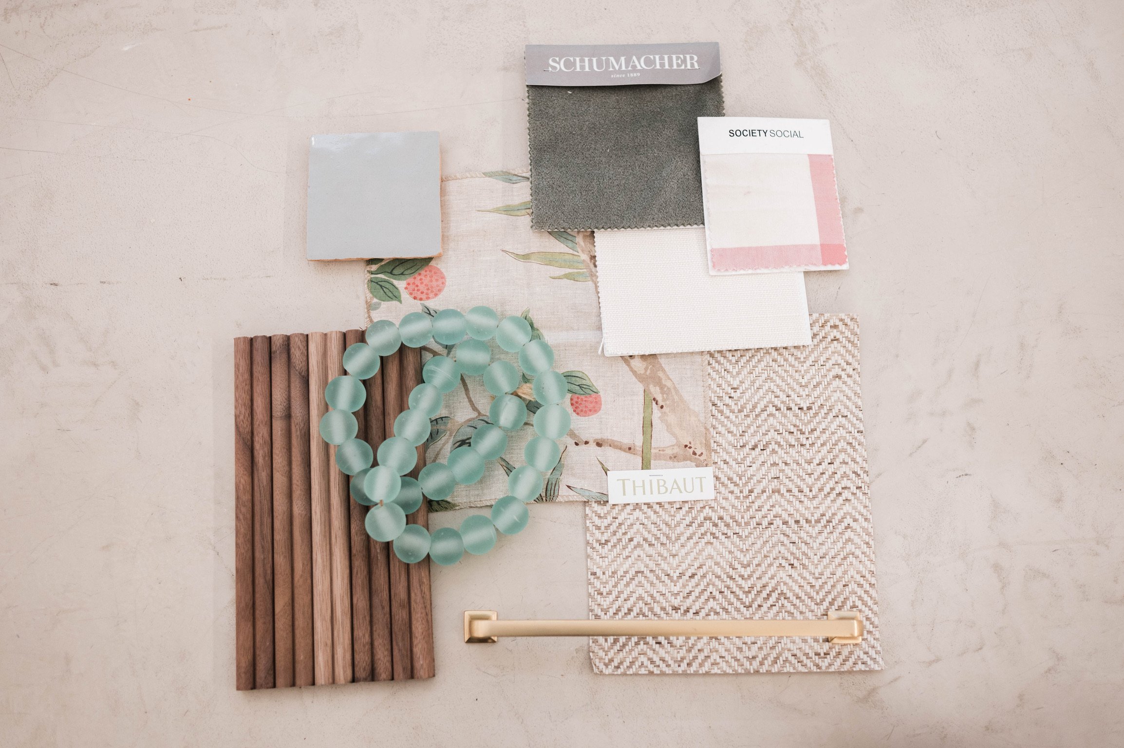 Curated fabric and material samples for a luxury interior design and home renovation project by Betsy Manley.