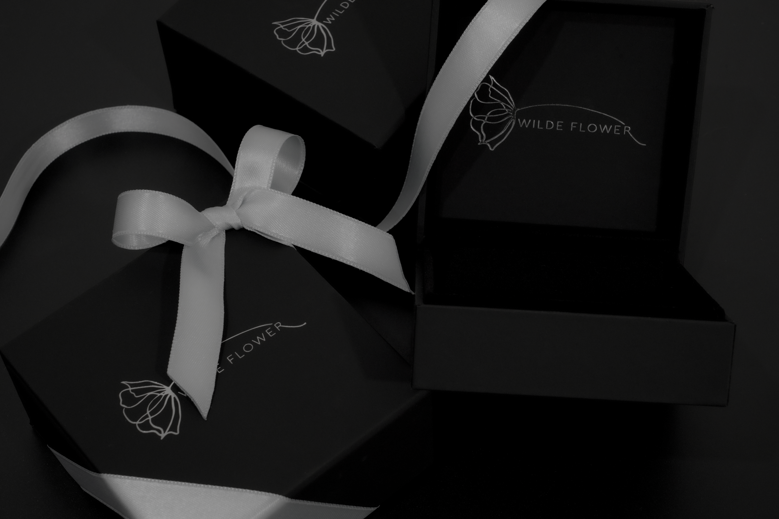 Luxury Wilde Flower jewellery packaging for the pearl hoop earrings with 9ct gold forget-me-not charm, featuring a velvet-lined presentation box with silver ribbon.