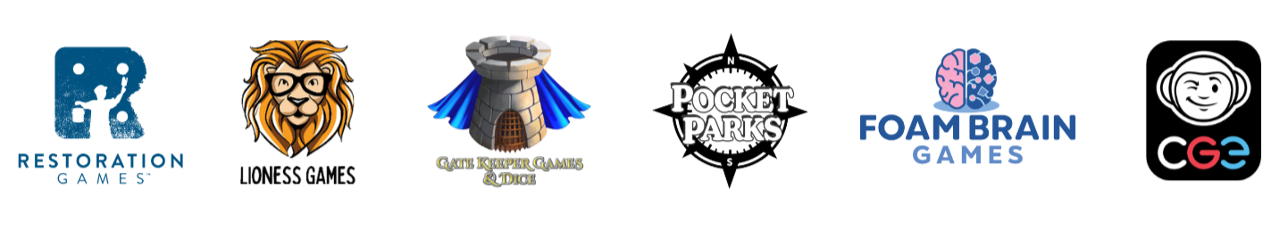 Sponsors: Restoration Games, Lioness Games, Gate Keeper Games and Dice, Pocket Parks, Foam Brain Games, CGE