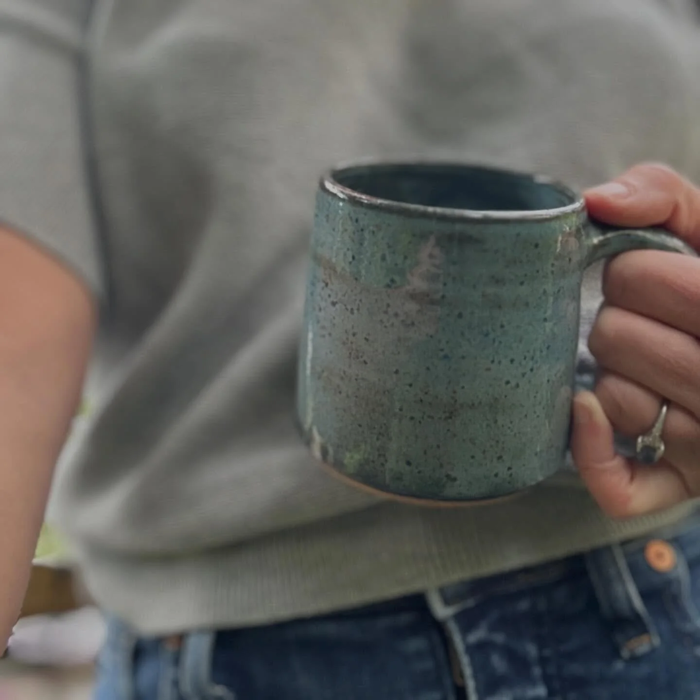 Wearing my denim jeans with a mug I made in a glaze called Stoned Denim. I have a couple of these and many more pieces available Sunday at The Gilman Street Fair. Come check out my work and the work of many artists! There will be local food and drink