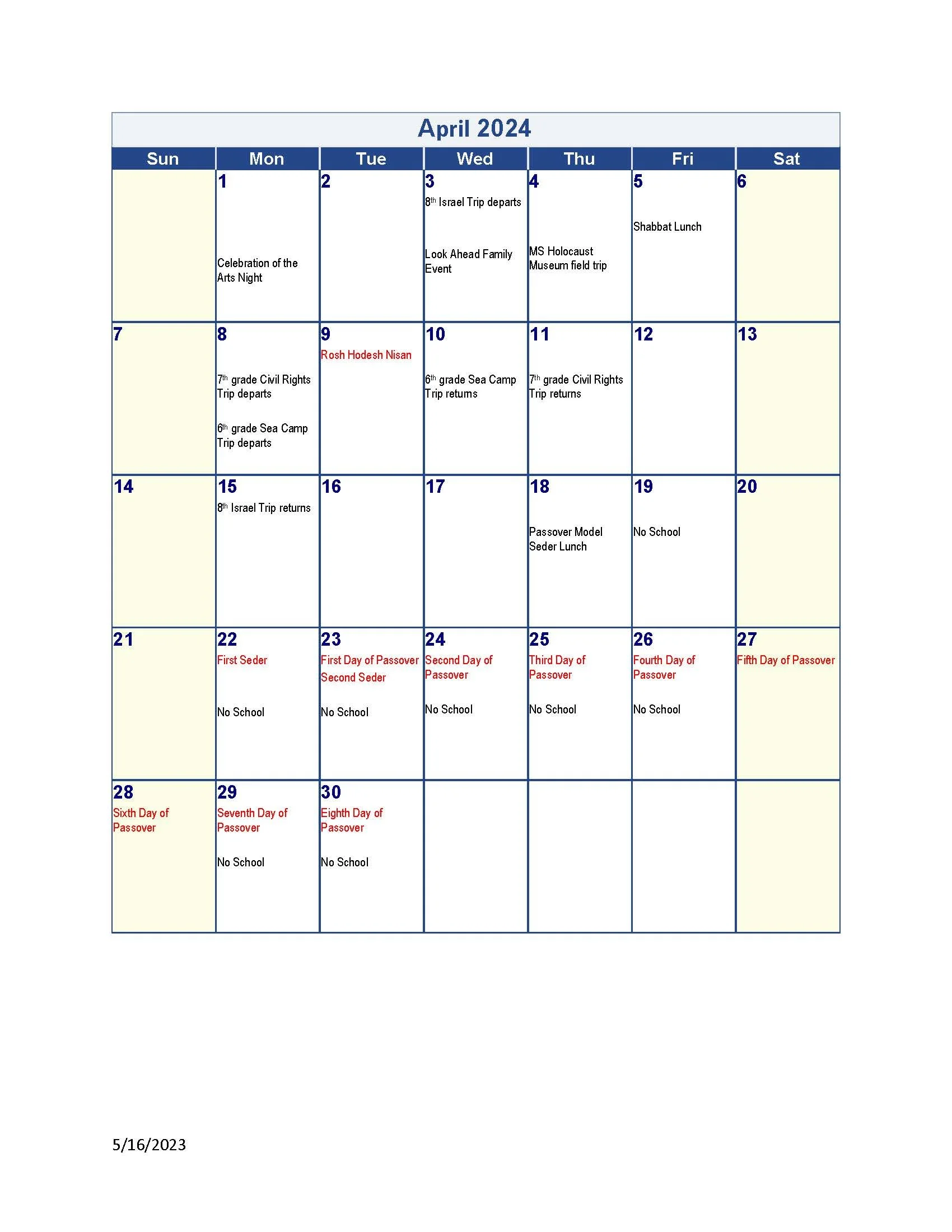 20232024 Calendar — Tucson Hebrew Academy
