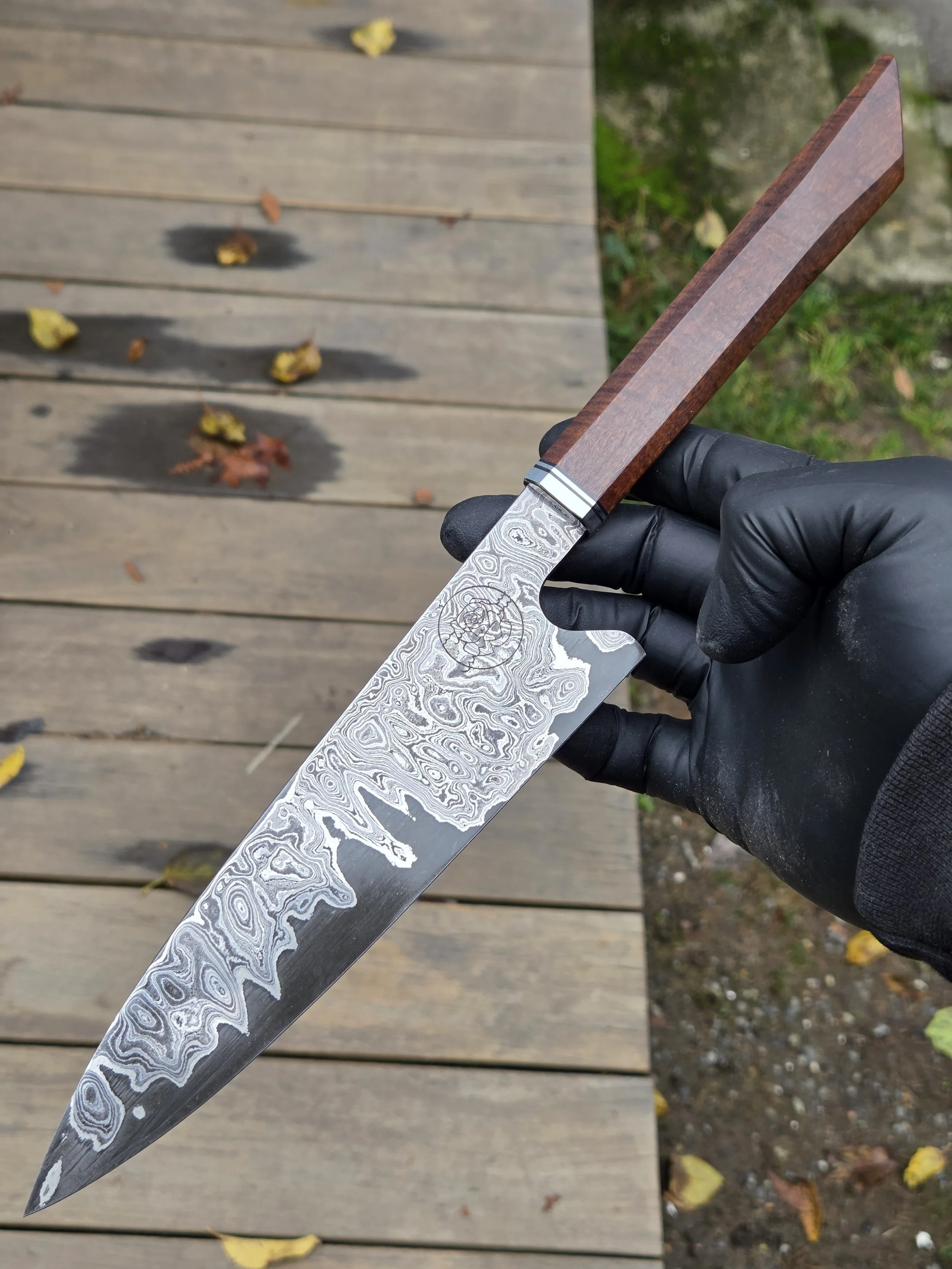Damascus clad chef's knife, Ringed Gidgee