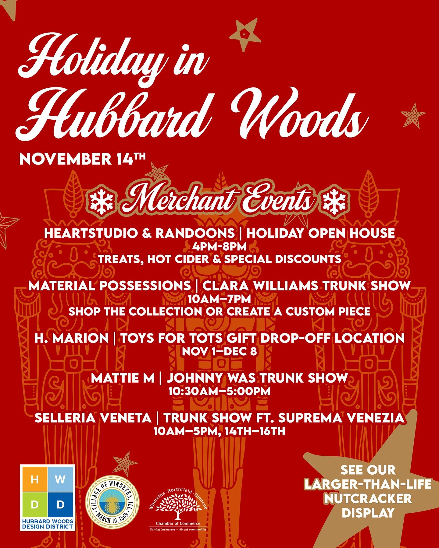 Tomorrow the holidays are HERE in Hubbard Woods! We are unveiling our larger-than-life nutcrackers and hosting events across the district.

Take a selfie with 3 of our nutcrackers and tag us on Instagram (@hwdd_winnetka) for your chance to win a gift