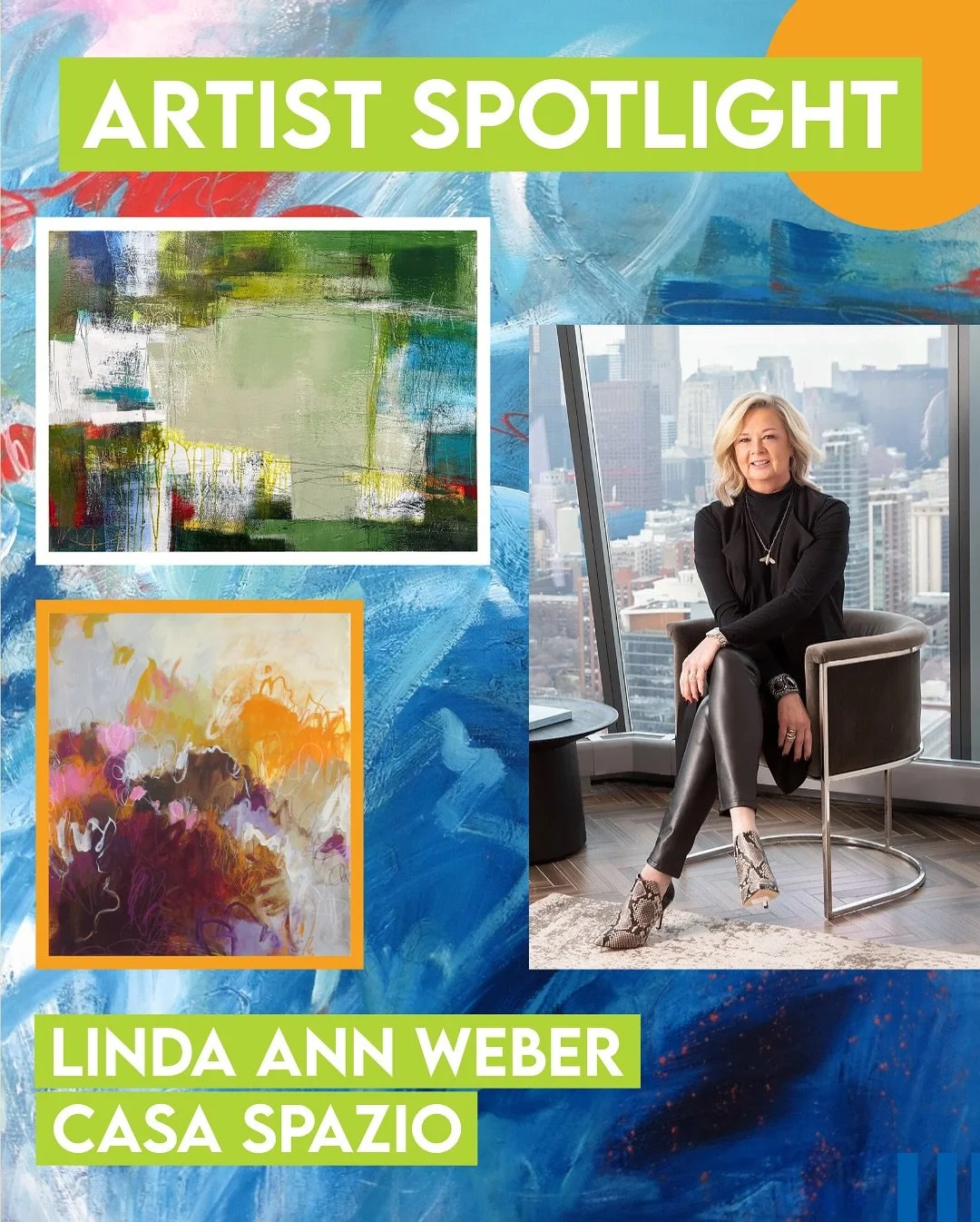 ✨First Friday Art Walk: Artist Spotlight✨
Artist: Linda Ann Weber 
Location: Casa Spazio

Linda Ann Weber is a Winnetka‐based mixed media artist whose layered, abstract-intuitive painting blends mark-making, collage, typography, texture, and vibrant 