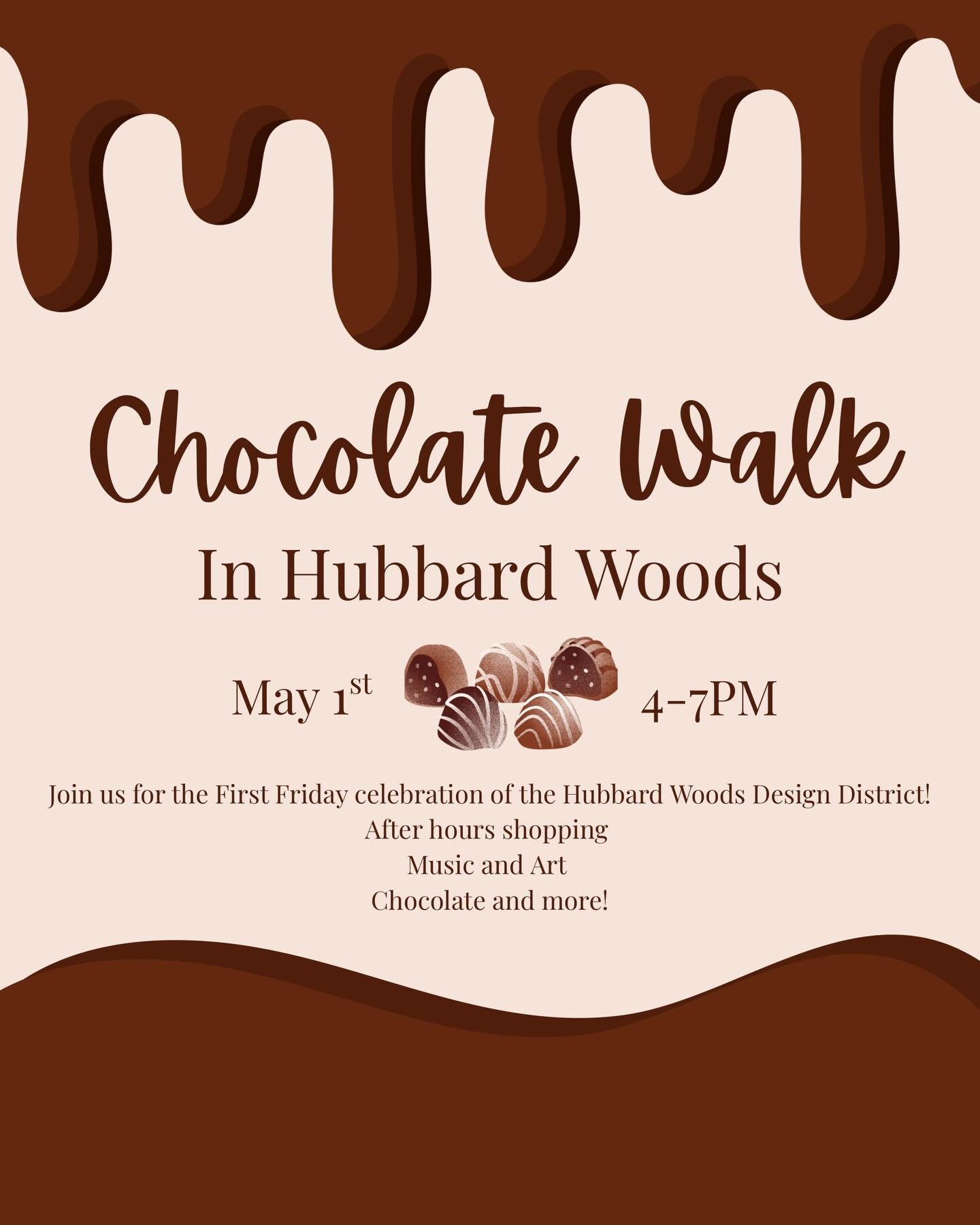 First Friday is back! Celebrate a sweet start to Spring with the district&rsquo;s annual Chocolate Walk, in which participating businesses with feature a variety of special chocolate treats. 

Cocktails and live music throughout the district will mak