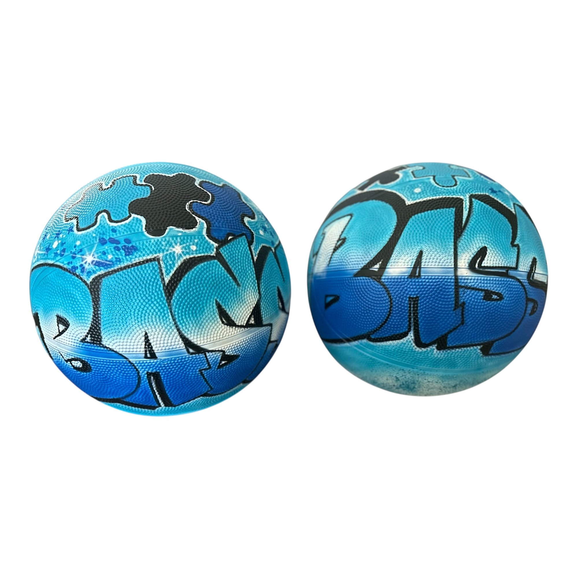Custom graffiti basketball with blue puzzle piece design and bold lettering