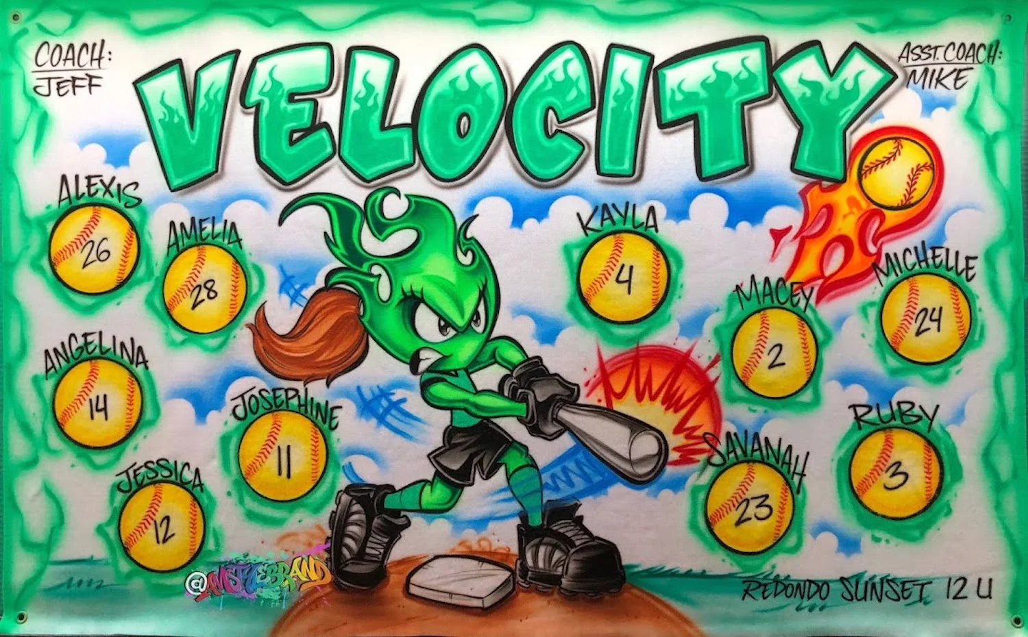 Velocity Airbrush baseball and Sports Team Banners, Personalized Airbrush Banners - Made to order