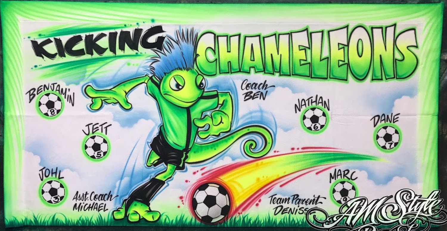 Kicking Chameleons Airbrush soccer Sports Team Banners, Personalized Airbrush Banners - Made to order