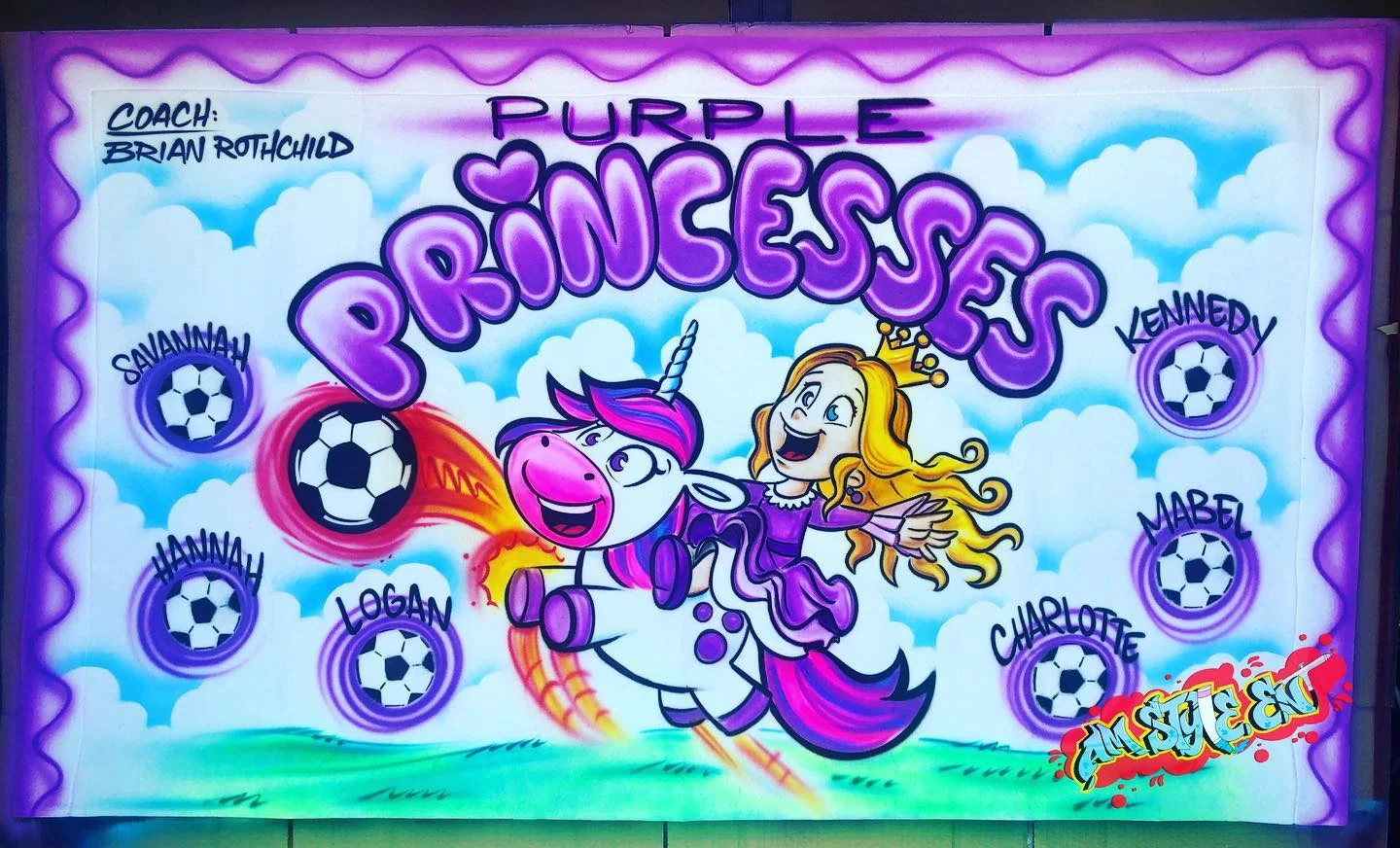 Purple Princess Airbrush Soccer and Sports Team Banners, Personalized Airbrush Banners - Made to order