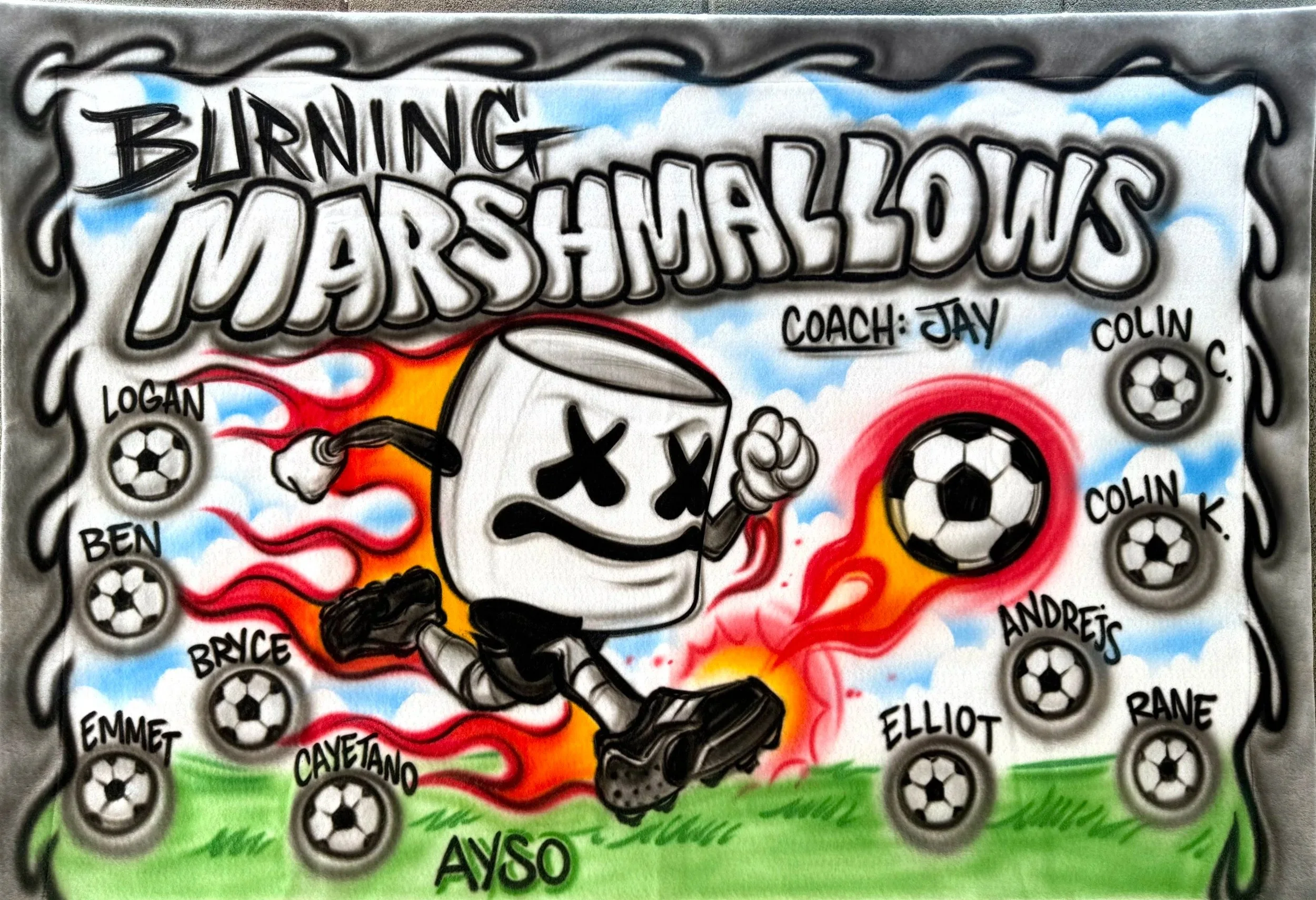 Burning Marshmellos Airbrush Soccer and Sports Team Banners, Personalized Airbrush Banners - Made to order