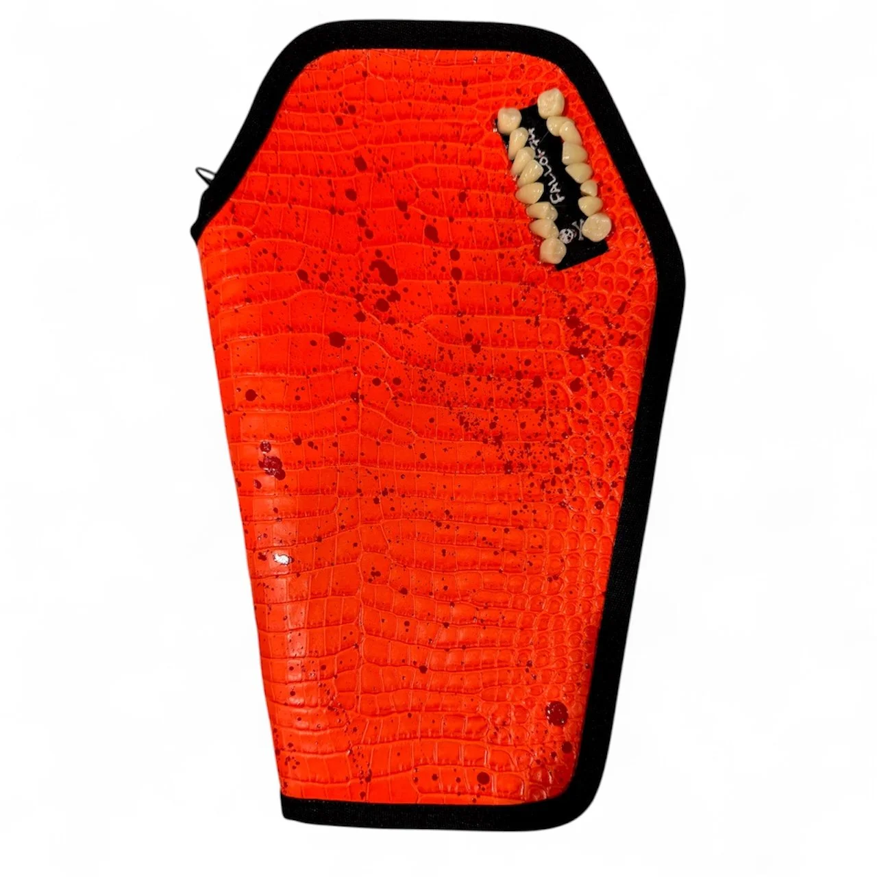Orange Coffin Wrap with Blood Splatter & Teeth