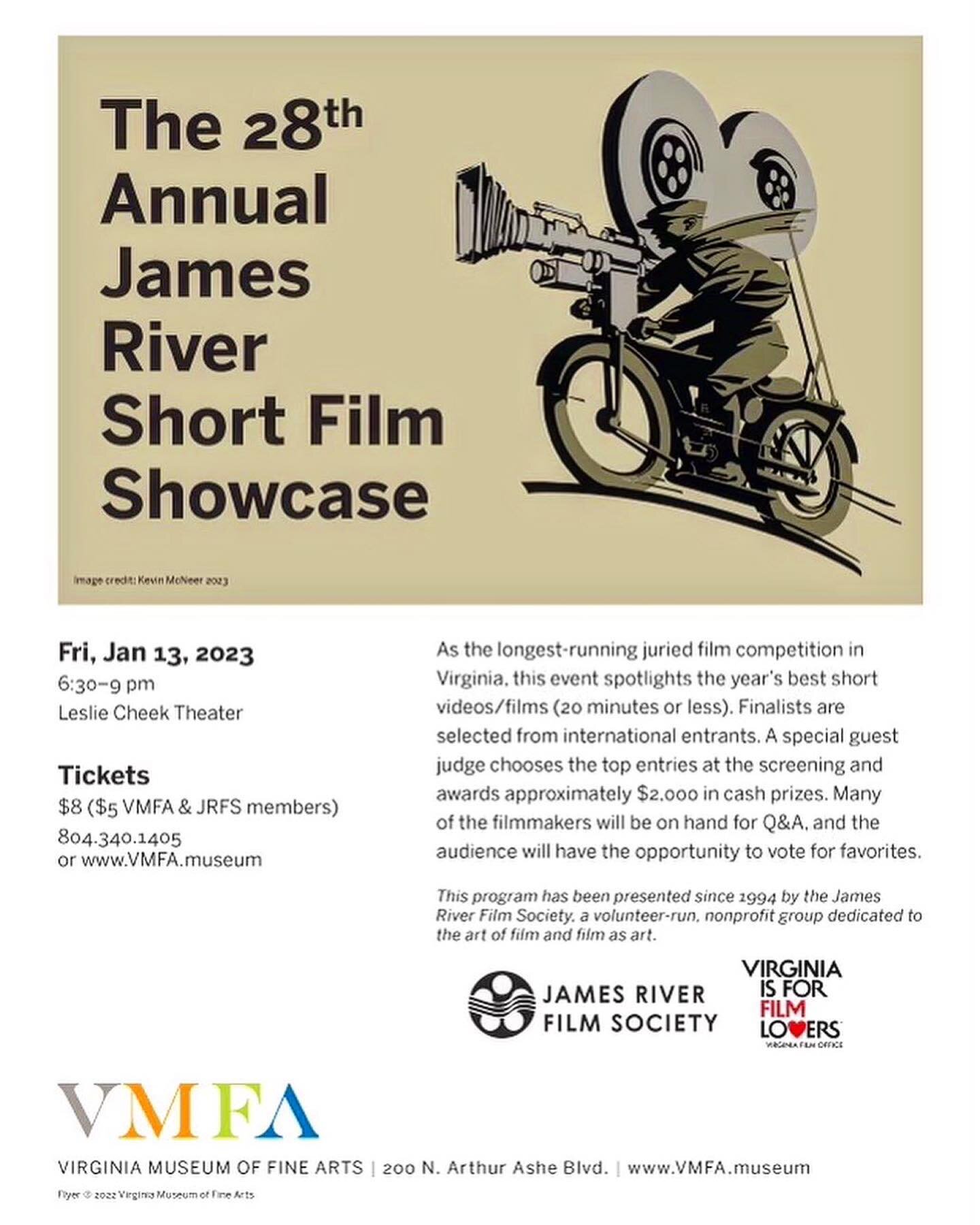 NEXT EVENT 📽️🎞️🤩
James River Short Film Showcase 
FRIDAY, January 13, 2023
Leslie Cheek Theater
@vmfamuseum 

TICKETS: (link in bio)
$8 ($5 VMFA/JRFS Members) 

James River Short Film Showcase 
is a mini-festival devoted to the short. 
The centerp