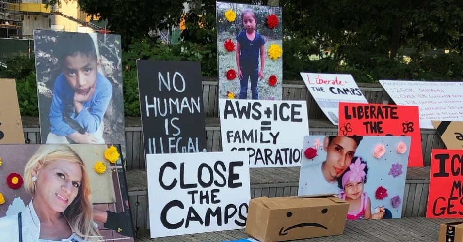Hundreds of immigrants and rights advocates demonstrated outside the Javits Center in New York while Amazon held its annual summit on Thursday, calling on the company to cut ties with ICE and the Department of Homeland Security. Outside the summit, the demonstrators placed photos of immigrants and asylum seekers who have died in U.S. custody and while trying to seek refuge in the U.S. under the Trump administration. (Photo: @MakeTheRoadNY/Twitter)