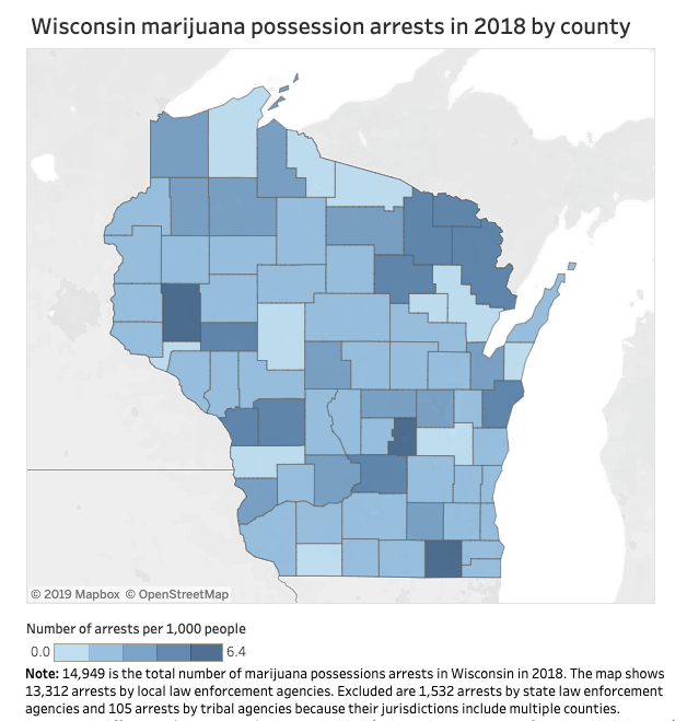 Source: UCR Offense and Arrest Data by Agency in 2018/ Wisonsin Department of Justice; 2010 Census/ U.S census Bureau Credit: Alisa Ivanitskaya / Wisconsin Watch