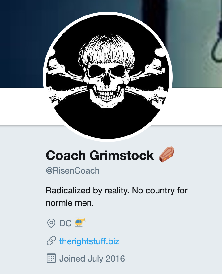 Matthew Q. Gebert, as "Coach Finstock," once appropriated a Twitter avatar of a skull and crossbones overlaid with what appears to be racist mass murderer Dylann Roof's haircut while using the handle @RisenCoach.