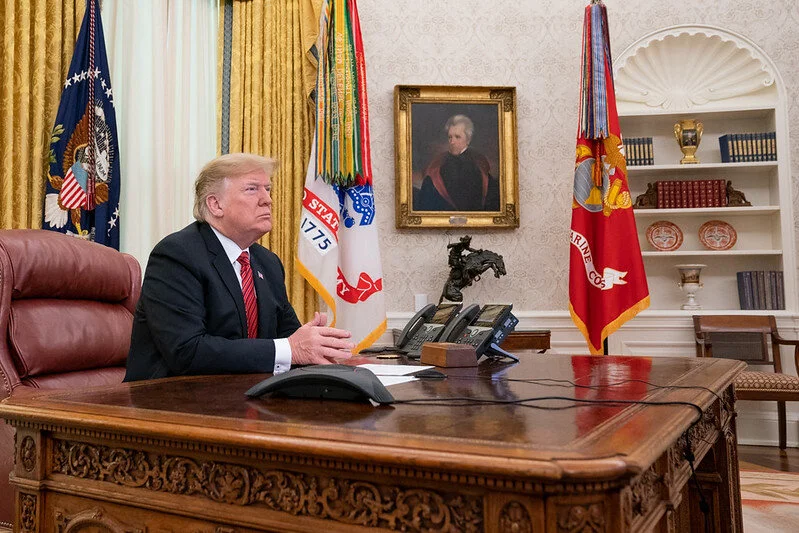 President Donald J. Trump participates video teleconference from the Oval Office ( The White House )