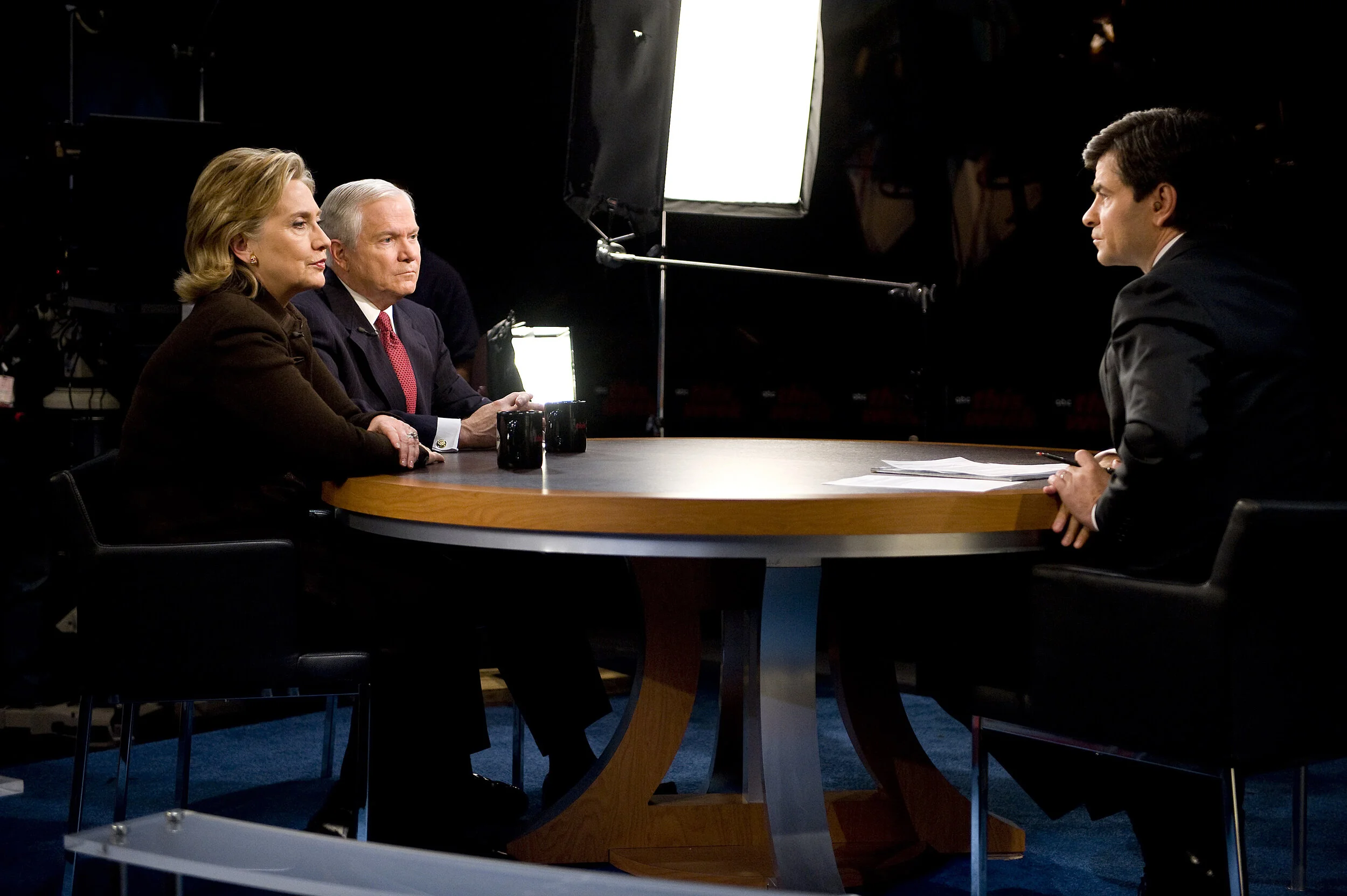 Secretary of Defense Robert M. Gates and Secretary of State Hillary Clinton talk with George Stephanopoulos, on ABC's "This Week," 2009 ( U.S Department of Defense )