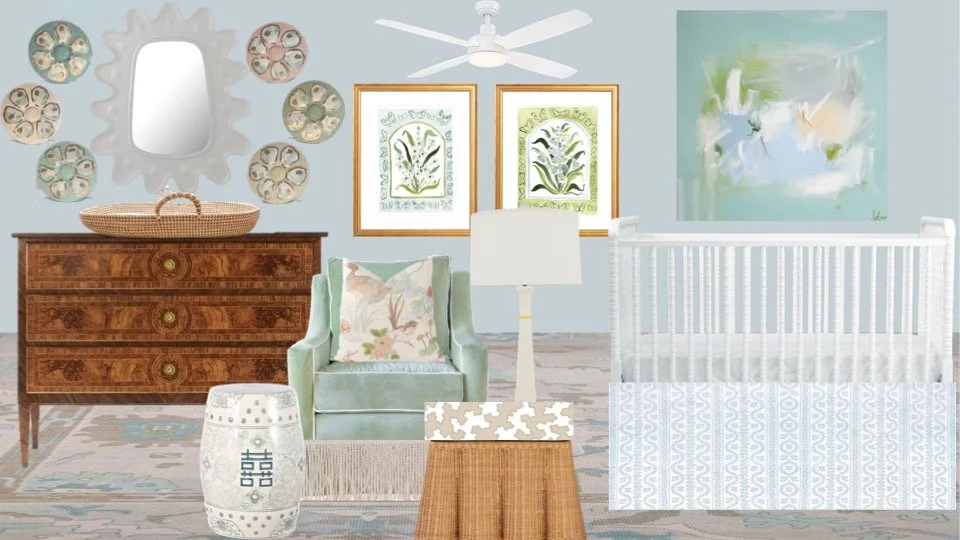 A nursery room decor with a wooden dresser, a mirror, floral wall art, a pastel armchair, a floor lamp, a white crib, and a painting on the wall. Design by King Interiors.