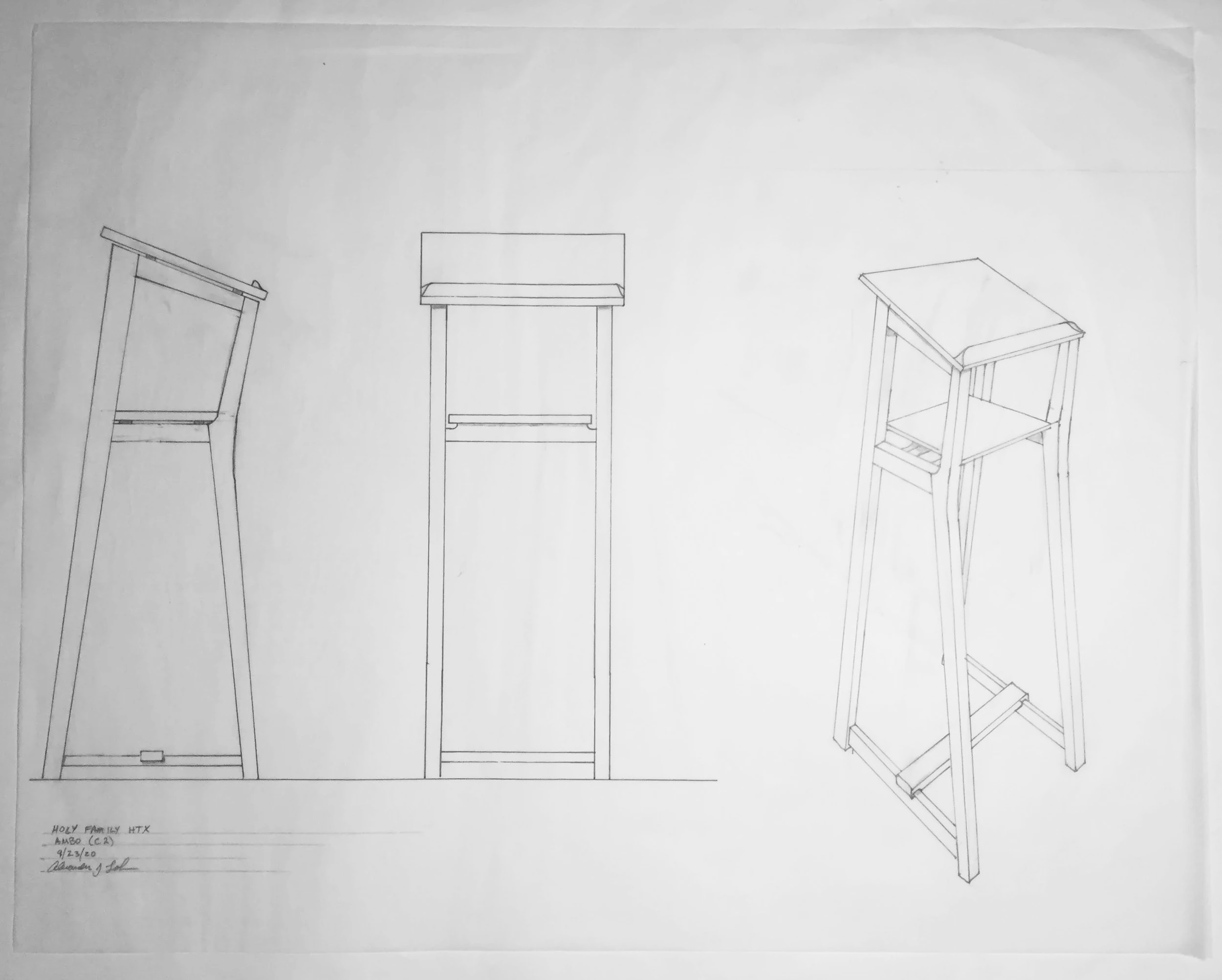 Hand drawing of an ambo for Holy Family HTX. Shown in three views, side, front, and perspective.
