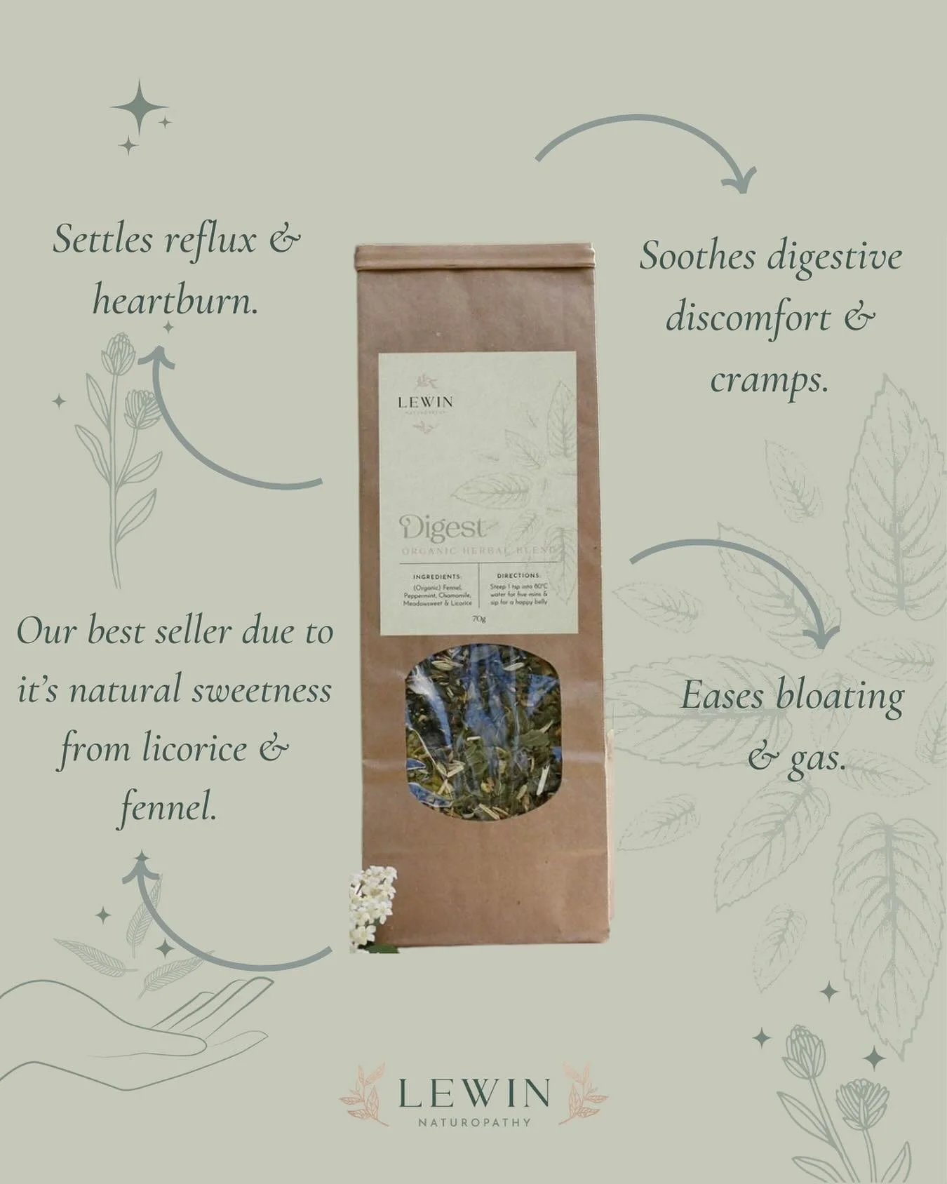Soothe your digestion system with our  best selling Digest Tea!

This tea is naturally minty and sweet with peppermint, fennel seeds and licorice root. 

We LOVE drinking it iced in the warmer months and it&rsquo;s a hit with kids. And it&rsquo;s als