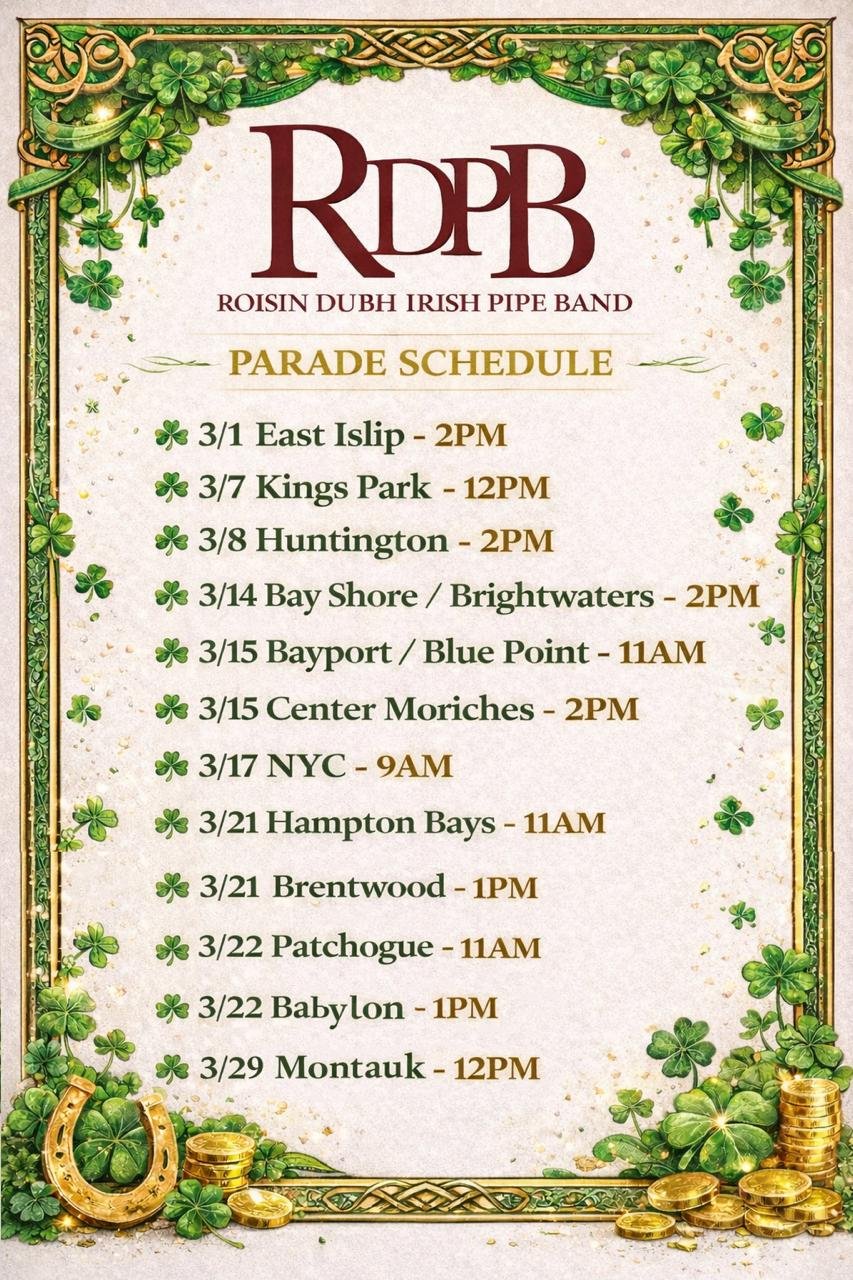 Photo of the RDPB upcoming Saint Patrick's parade season schedule