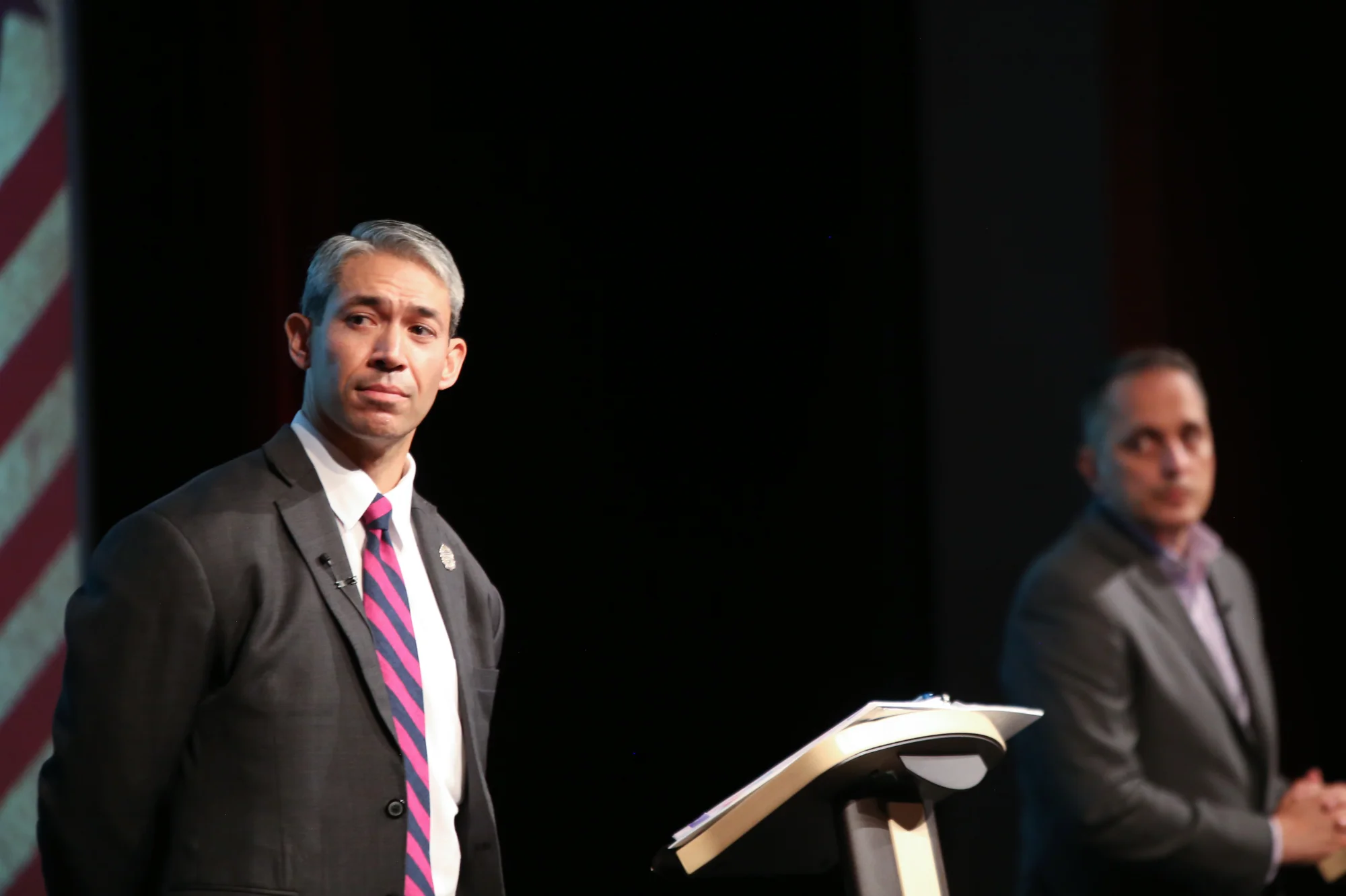Mayor Ron Nirenberg and Candidate Greg Brockhouse prepare to face off in the AARP Debate. (Photo Credit: GA Media Productions )